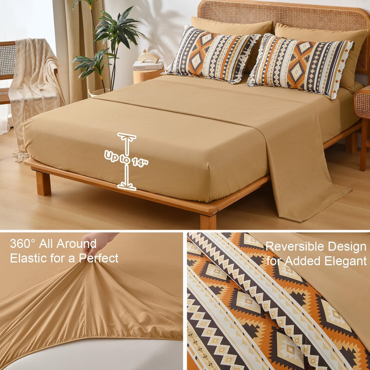 Dinjoy Comforter Set Queen Size Boho,Yellow Brown 7 Pieces Bed in a Bag Queen Bedding Sets Aztec Comforters with Sheets Western Striped Complete Set for Family 90"x90"