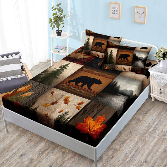 HOSIMA Twin Bedding Sets,Bear Maple Leaf Pine Tree Pattern Forest Rustic Fitted Sheet for Hunting Room Decor,Brown Plaid Patchwork Bedding for Adults Room Decor,1 Fitted Sheet+2 Pillowcases.