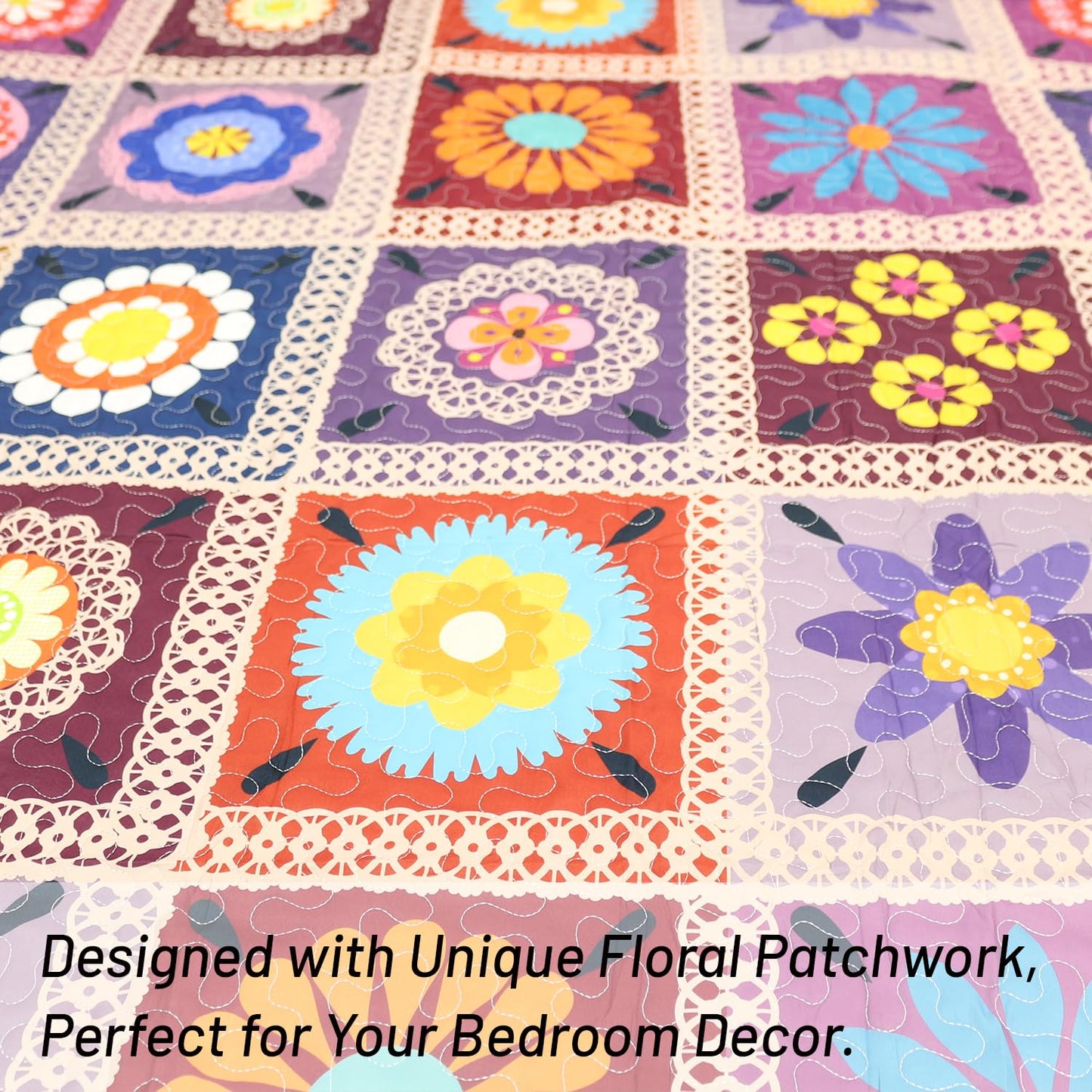 Benlarky Patchwork Quilt Set Queen Size 3 Pieces Set Quilts Crochet Style Bohemian Bedspread Coverlet Set for All Season Reversible Boho Bed Cover Bedding Set 1 Quilt and 2 Pillow Shams, 96" x 92"