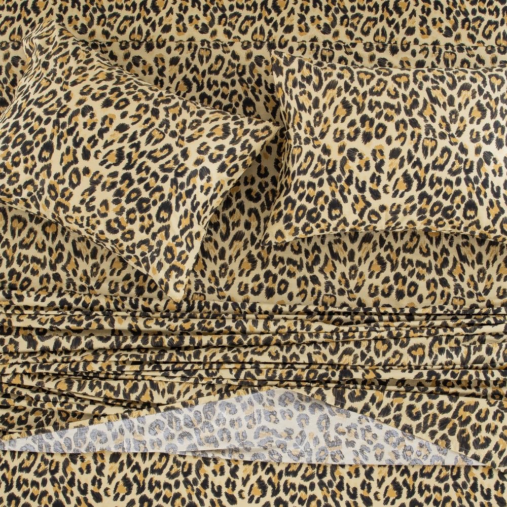 DAUAOTO Queen Size Printed Sheets Set, 100% Cotton Bedding Sets, Up to 14" Deep Mattress, Modern Pattern Bedlinen Set, Leopard Yellow