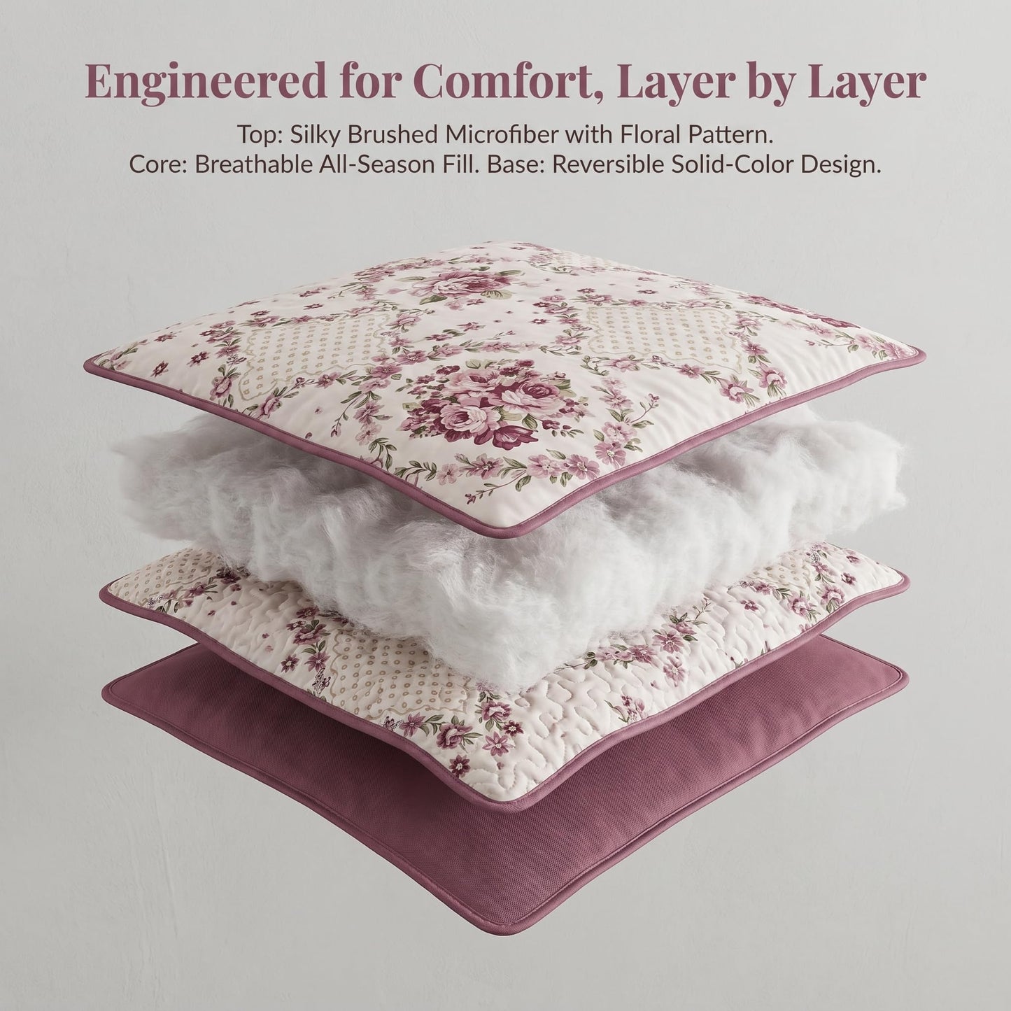 Boho Purple Rose Floral Quilt Set King Size, 3 Piece Lightweight Summer Bedding Set with 2 Pillow Shams, Soft Reversible Microfiber Bedspread, Farmhouse Coverlet for All Season (Purple Rose, King)