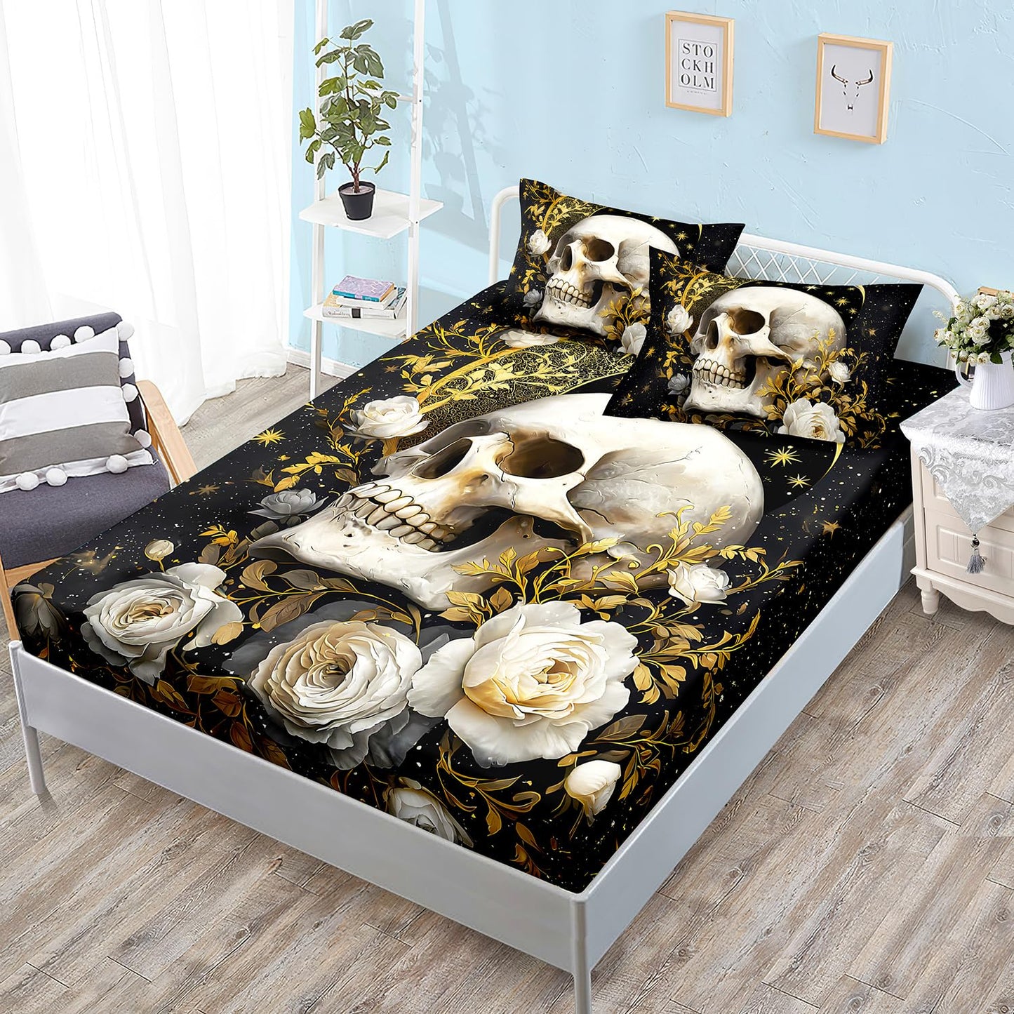 HOSIMA Death Skull Head Twin Fitted Sheet,Moon and Flowers Printed Gothic Bedding for Boys Girls Room Decor,Glowing Stars Aesthetic Background Pattern Halloween Bedding,1 Fitted Sheet+2 Pillowcases.