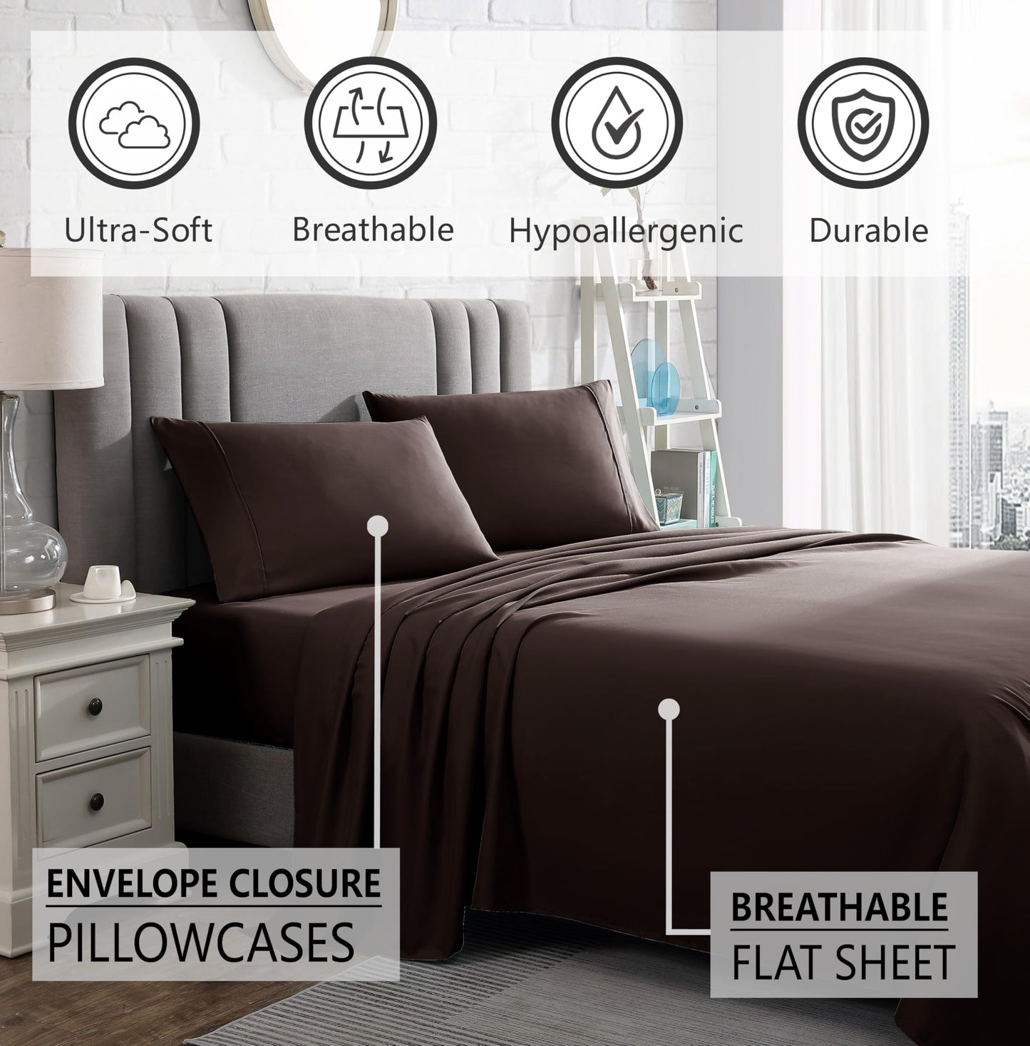 American Home Collection Queen Sheet Set - Ultra-Soft Microfiber 15-Inch Deep Pocket - Wrinkle Free and Fade Resistant (Brown)