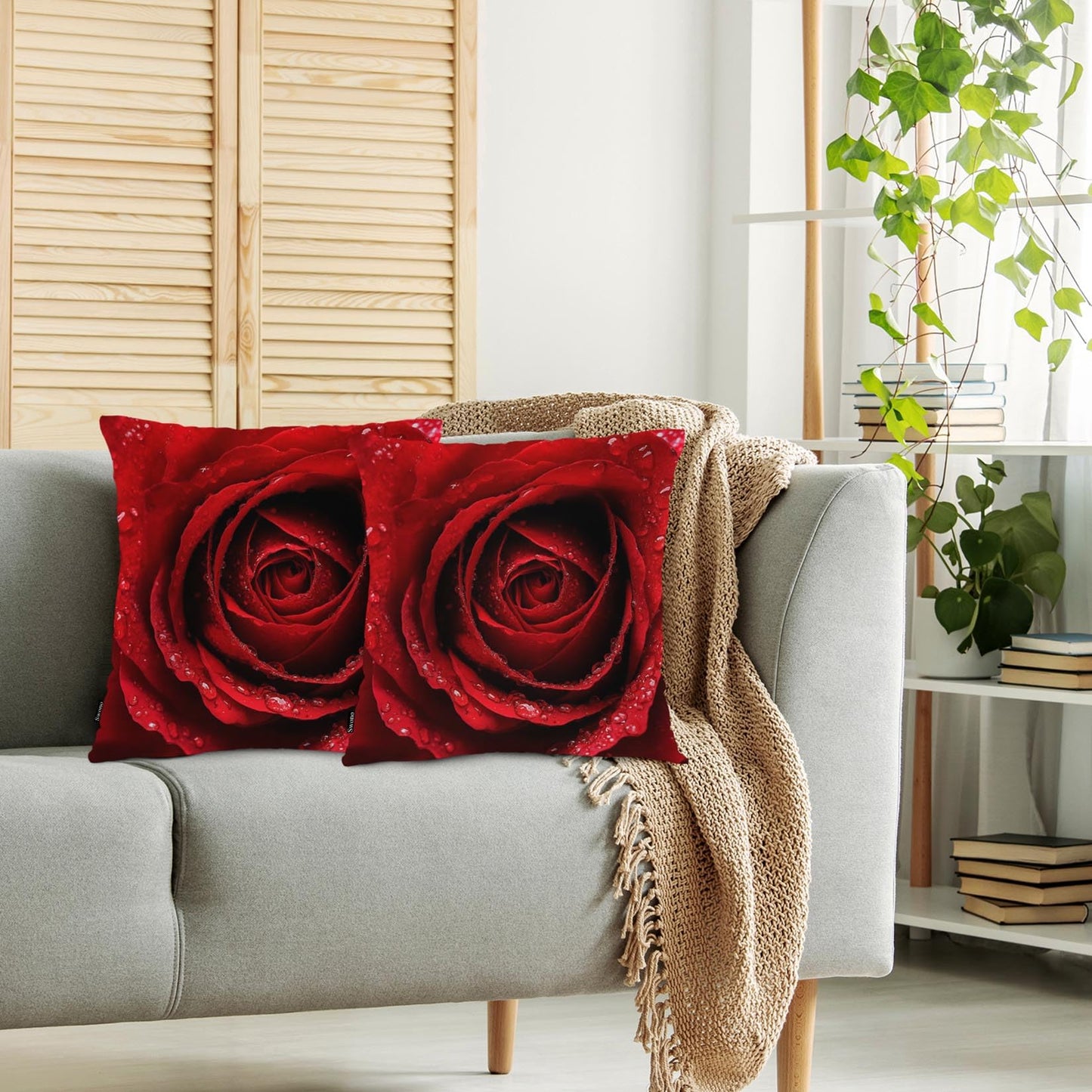Swono Rose Pack of 2 Decorative Throw Pillow Covers Cushion Covers, Blossom Rose Water Drops Couch Pillow Case Boho Cushion Pillowcase for Bedroom Sofa Living Room 18X18 Inches, Red Rose Petals