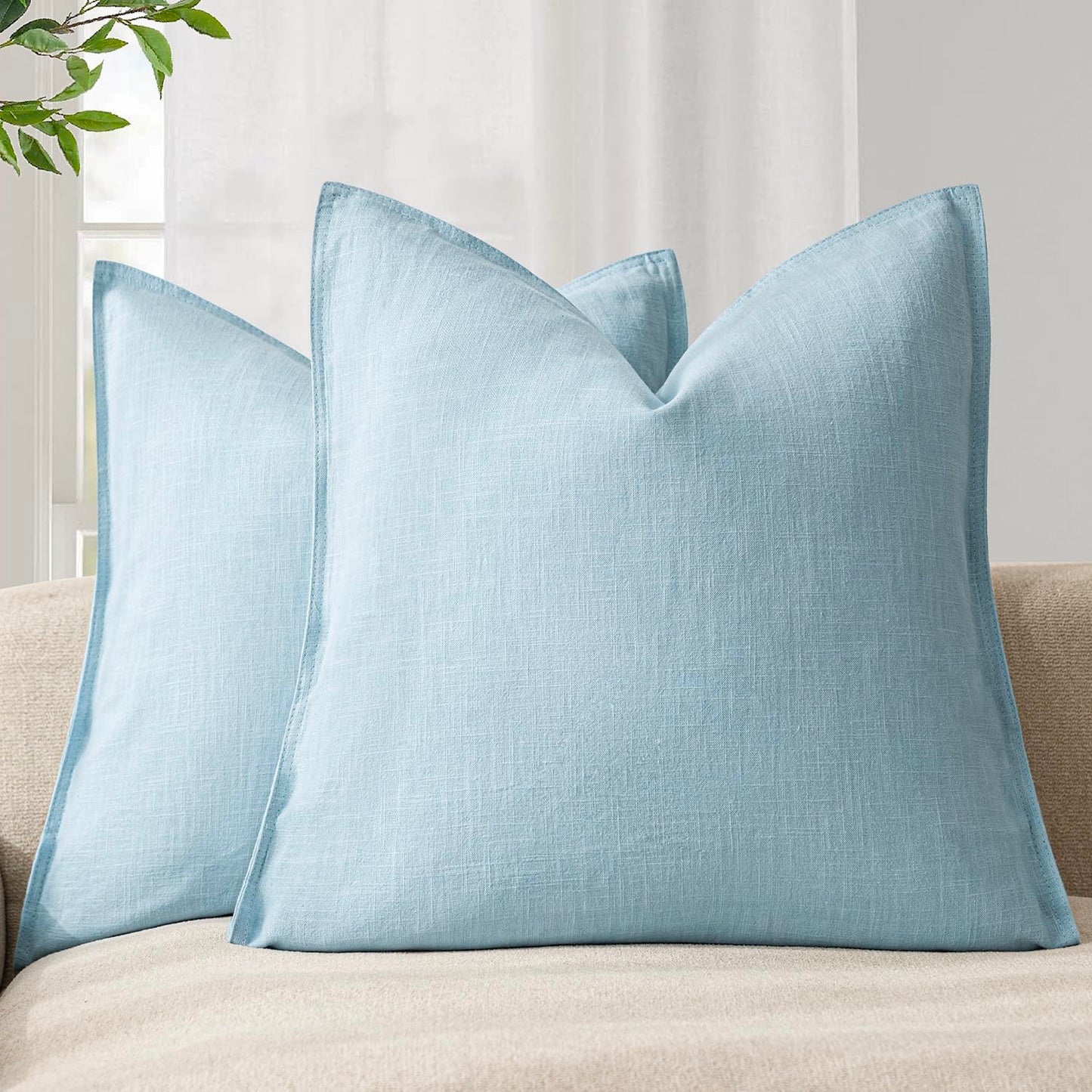Foindtower Pack of 2, Decorative Linen Solid Throw Pillow Covers Soft Accent Euro Cushion Case Farmhouse Neutral Pillowcase for Chair Couch Sofa Bedroom Living Room Home Decor 22 x 22 Inch Light Blue