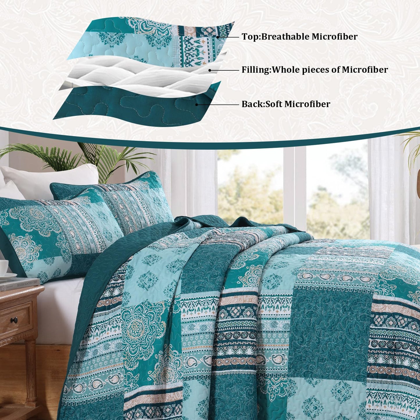 Dintszyayue Patchwork Quilt Set Queen Size,3 Pieces Teal Boho Bedspread Coverlet Set Turquoise Plaid Bohemian Quilt Bedding Set Reversible Bed Cover Soft Lightweight Coverlet Set (Queen,96"x90")