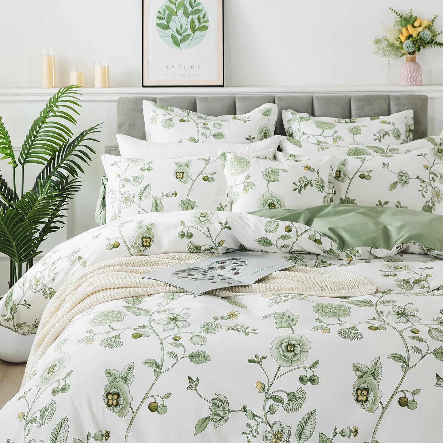FADFAY Green Duvet Cover Set Full Floral Bedding 100% Cotton Shabby Vintage Reversible Zipper Farmhouse Comforter Cover Flower Print Bed Covers Girls Kids Pretty Bowknot Soft Breathable 3Pcs