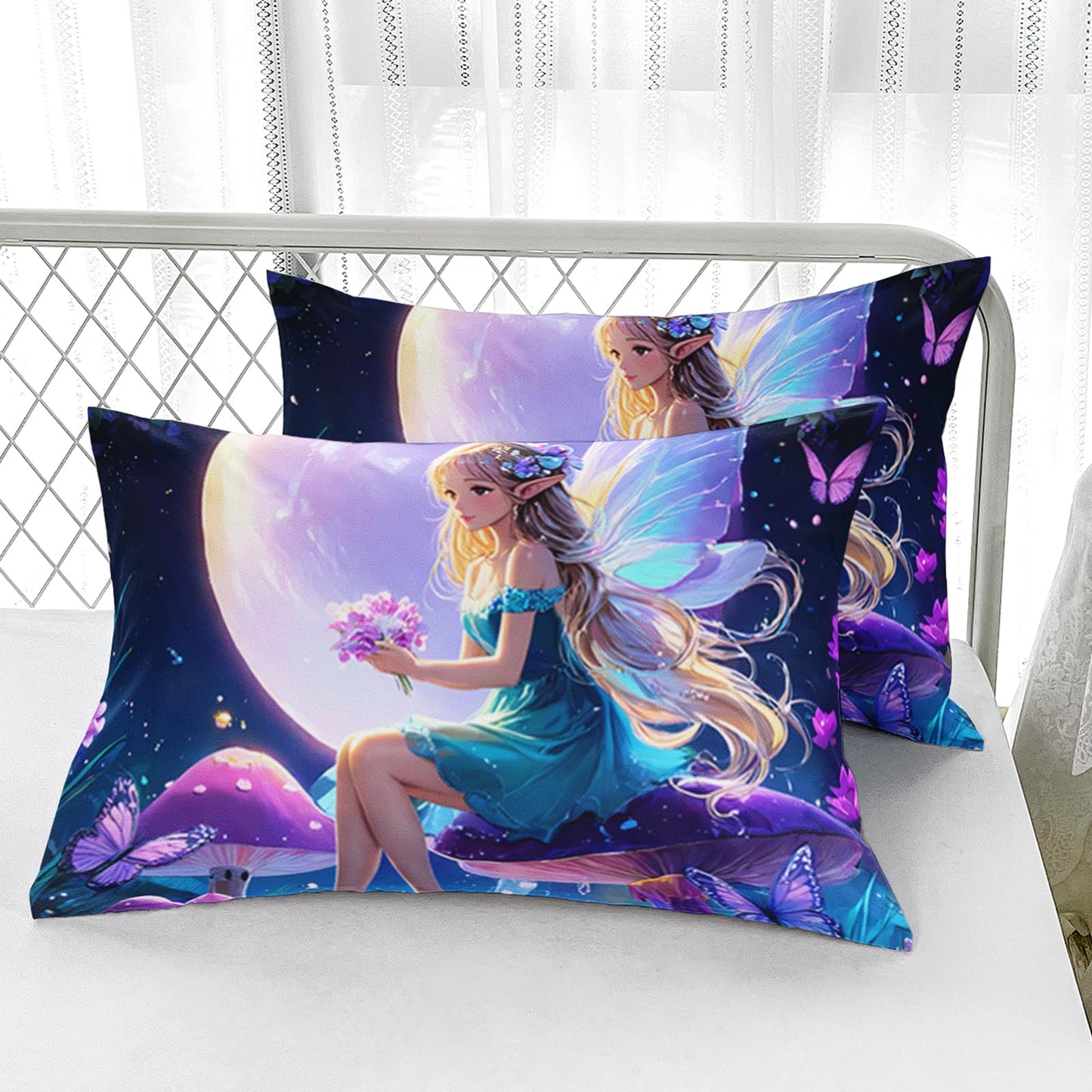AILONEN Beautiful Fairy Girls Fitted Sheet Set Full Size, Purple Floral Butterfly Fairy Bedding Set,3-Piece Magic Mushroom Flower Fitted Sheet with 2 Pillowcases