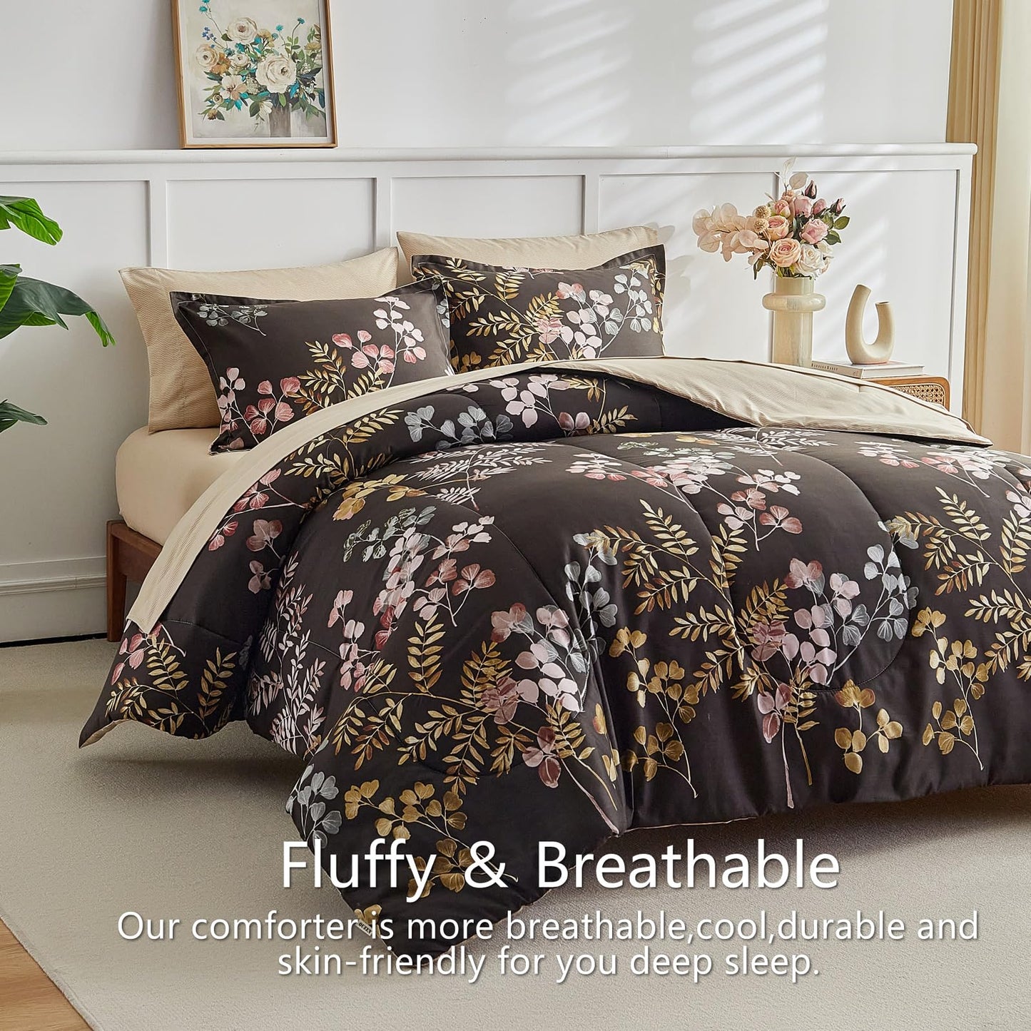 AIKASY Bed in a Bag 7 Pieces Queen Size - Floral Print - Soft Microfiber, Reversible Bed Comforter Set (1 Comforter, 2 Pillow Shams, 1 Flat Sheet, 1 Fitted Sheet, 2 Pillowcases)（Black, Queen）