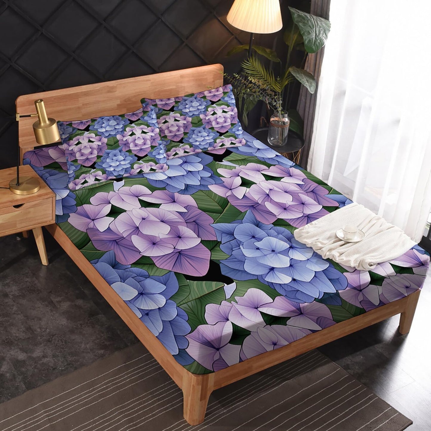 zcsm Hydrangea Sheets King Sheet Sets - Floral Bed Sheets, Soft Microfiber & Deep Pocket & Wrinkle Free Patterned Bedding Sheets & Pillowcases, 4 Piece (1 Fitted Sheet, 1 Flat Sheet, 2 Pillow Cases)