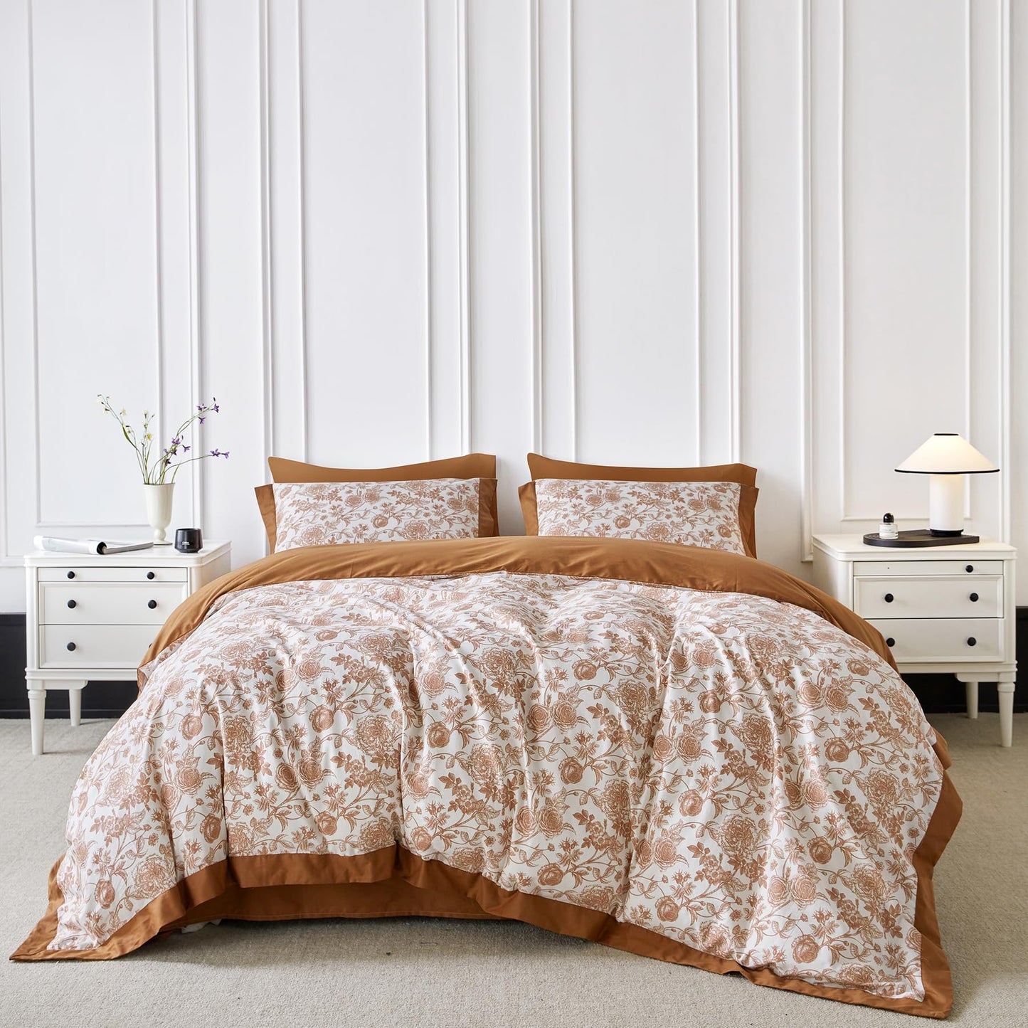 SUSYBAO Floral Duvet Cover Queen 100% Cotton 3 Pcs Set 1 Farmhouse Botanical Flower Duvet Cover with Zipper Ties 2 Pillow Shams Decorative Brown Ruffle Hem Bedding Set Soft