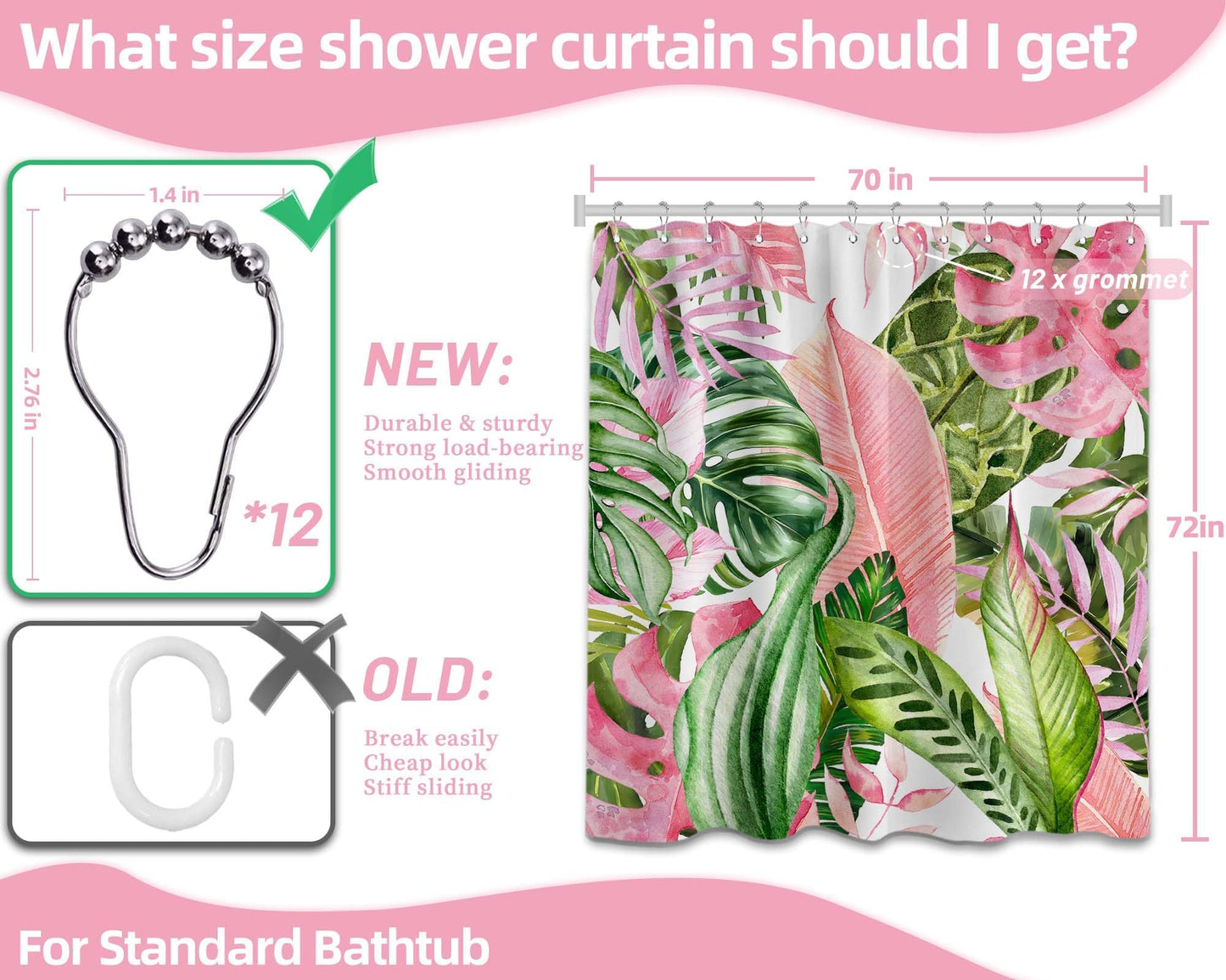 Pdvbiee Pink and Green Tropical Palm Leaf Shower Curtain, 70 X 72 Inch