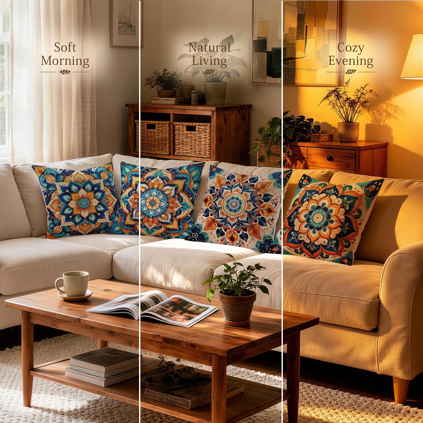 OBSEDE Boho Mandala Throw Pillow Covers Set of 4, 18x18 Inch Blue and Orange Bohemian Decorative Pillow Cases for Couch Sofa, Psychedelic Floral Spiritual Home Decor