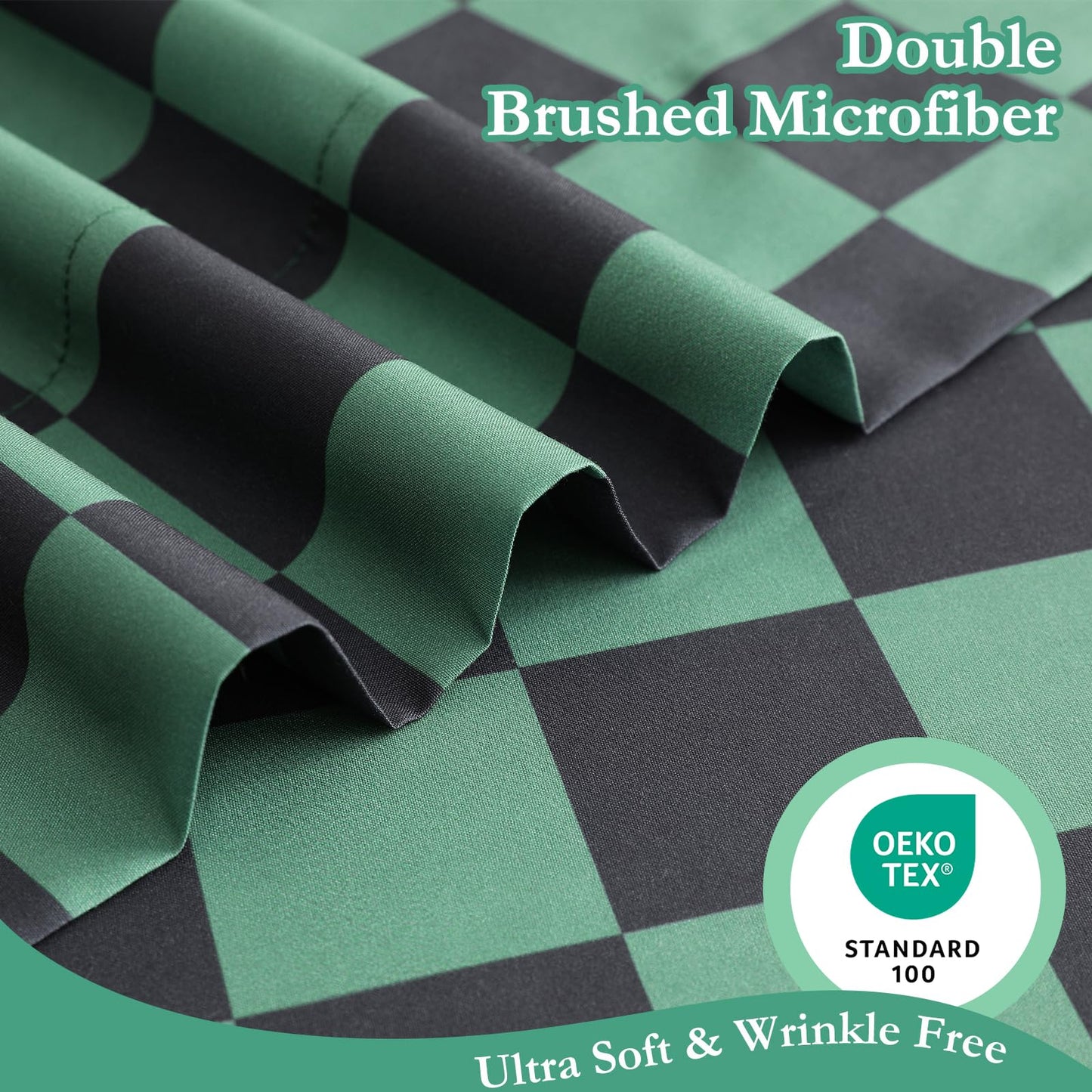 MICORAL Queen Sheet Set Green Gingham Plaid, 4-Piece Brushed Microfiber Taupe Grid Bed Sheets, 16" Deep Pocket, Ultra Soft & Cooling Sheet, Oeko-TEX Certified, Green Black Checkered