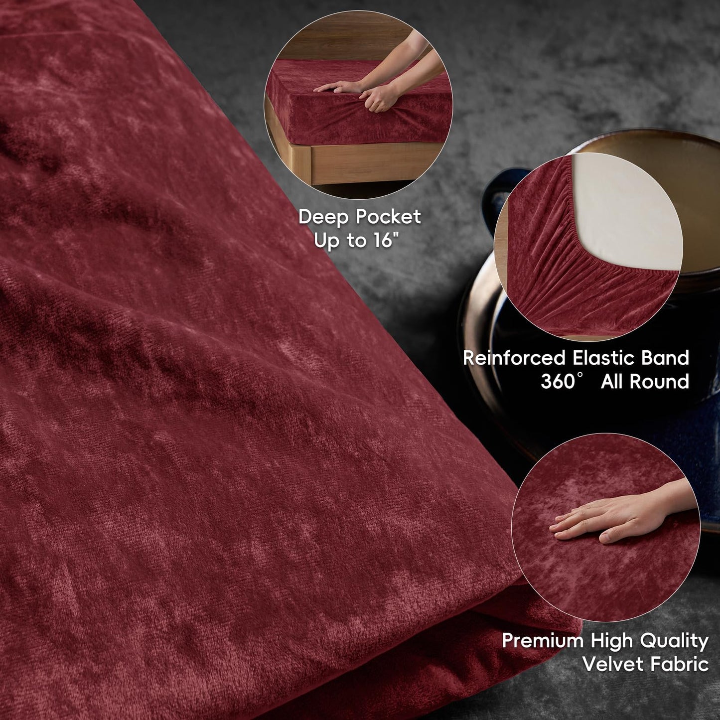 PHF Truly Velvet Fitted Sheet Only Full Size, Luxury Super Soft Cozy Fuzzy Flannel Bottom Sheet, Deep Pocket Up to 16",Strenghth Elastic Band, Suitable for Fall Winter Spring, No Pillowcases, Wine Red