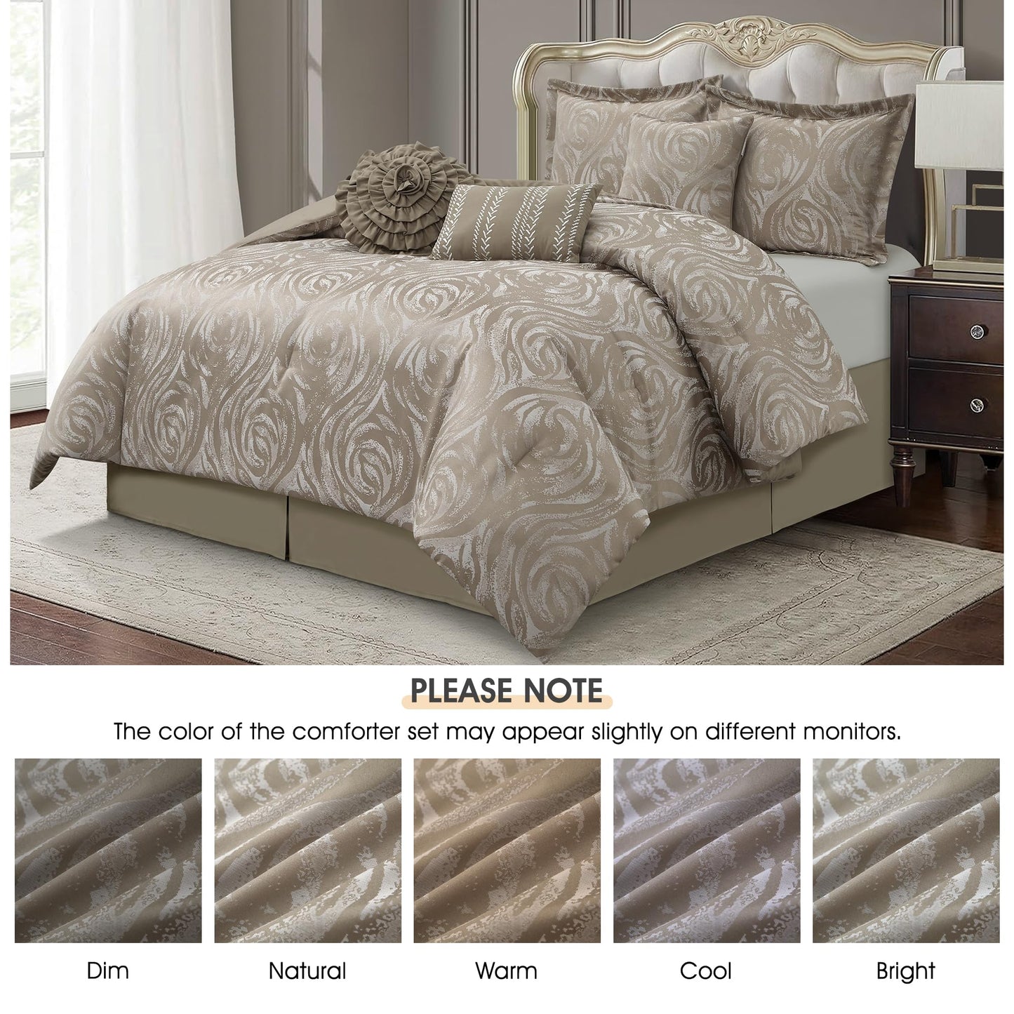 LANCO MODERN LIFESTYLE Taupe 7 Piece Comforter Set, King, Elegant Floral Jacquard, Ultra Soft Bed Set for All Seasons, Bed in a Bag, Include Comforter, Bed Skirt, Pillow Shams & Decor Pillows