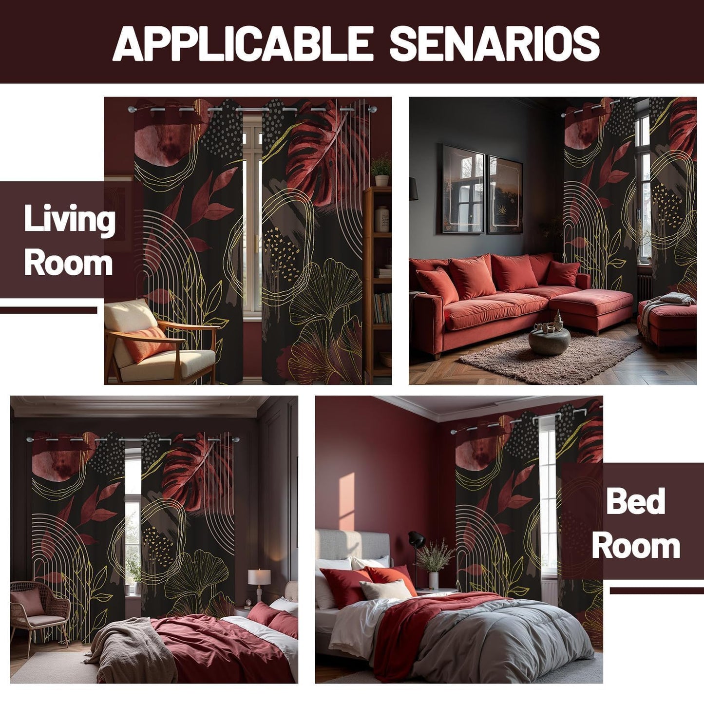 soeeao Boho Dark Brown and Gold Leaf Blackout Curtains, Bohemian Mid Century Modern Chocolate Brown Palm Window Drapes for Bedroom Living Room, 63 inch Length 2 Panels Set, 52x63 inch
