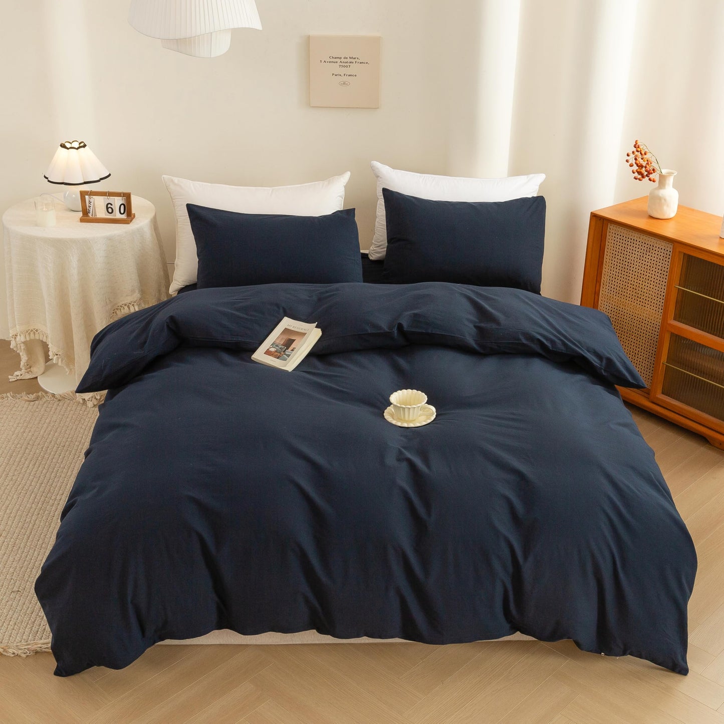 ECOCOTT Navy Blue Duvet Cover Queen Size, 100% Washed Cotton 3 Piece Bedding Set 1 Duvet Cover with Zipper and 2 Pillowcases, Ultra Soft and Easy Care Breathable Duvet Cover(Navy Blue, Queen)