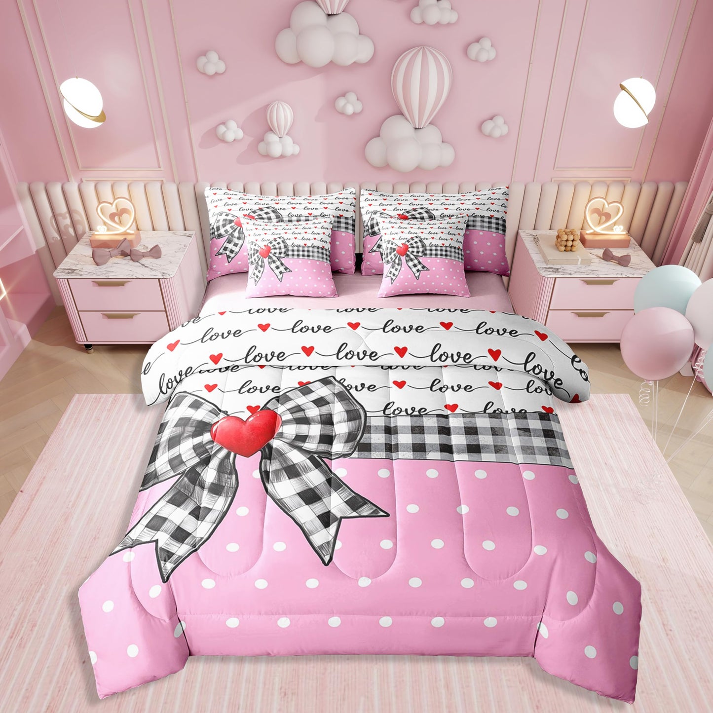 Erosebridal 7 Piece Valentine Bowknot Kids Comforter Set for Girls,Love Heart Shaped King Bedding Set for Girlfriend,Dreamy Princess Style Bed Set,Buffalo Plaid Grid Polka Dots Duvet Insert