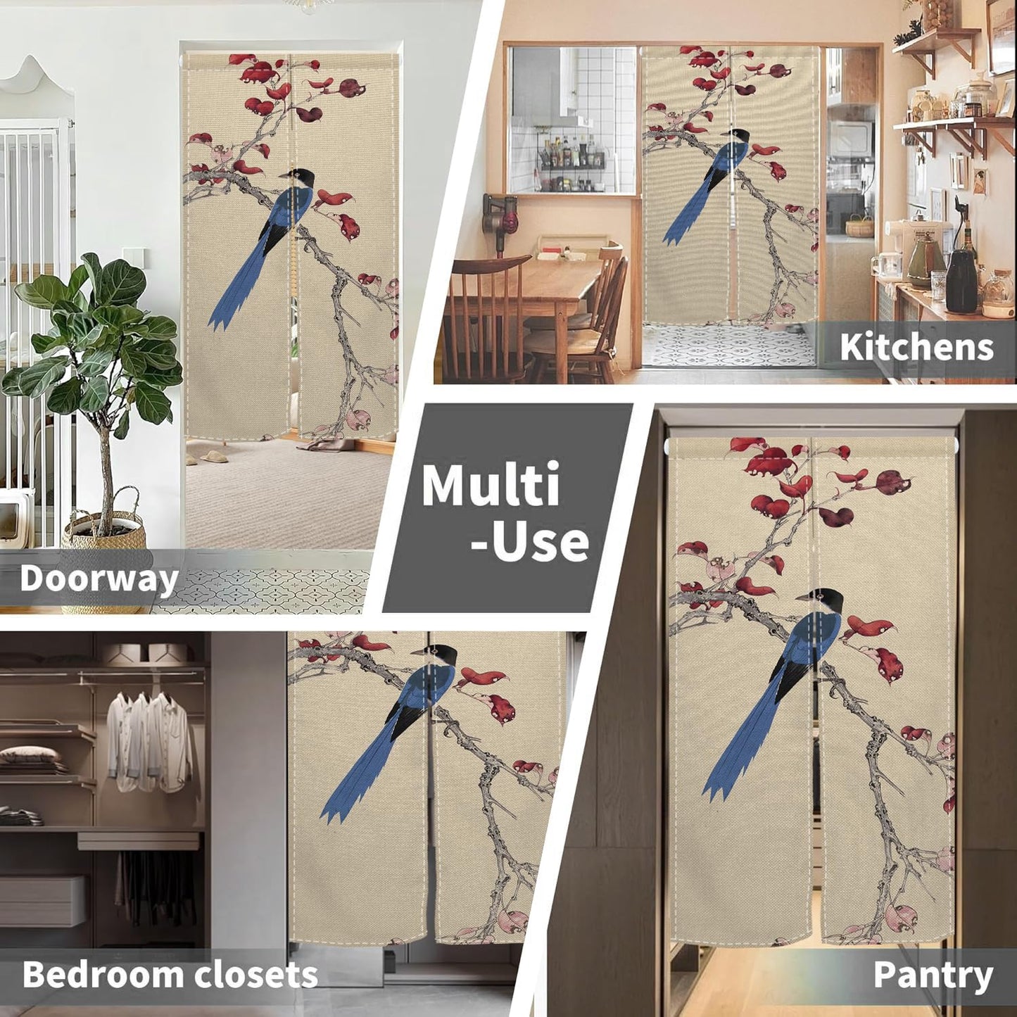 Leowefowa Long Japanese Noren Doorway Curtain Chinese Printing Window Treatment Traditional Good Lucky Door Curtain Tapestry for Room Divider Partition Home Kitchen Decor (lnk, Magpie), 33.5"x 70.9"