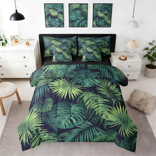 Erosebridal Palm Leaves King Comforter Set 7 Pieces, Monstera Bed in A Bag for Bedroom, Hawaii Tropical Leaves Bedding Set with Comforters, Sheets, Pillowcases Summer Boho Hippie Style Room Decor