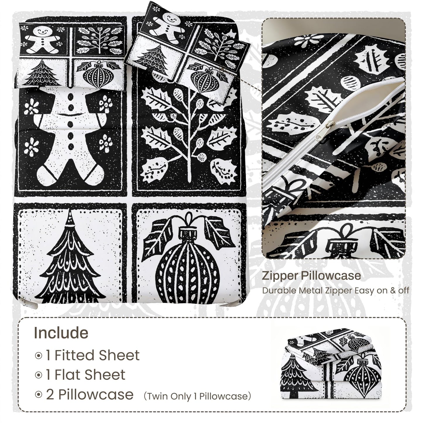 Gingerbread Man Sheet Set, 3 Pcs Twin XL Size Christmas Bed Sheets, White