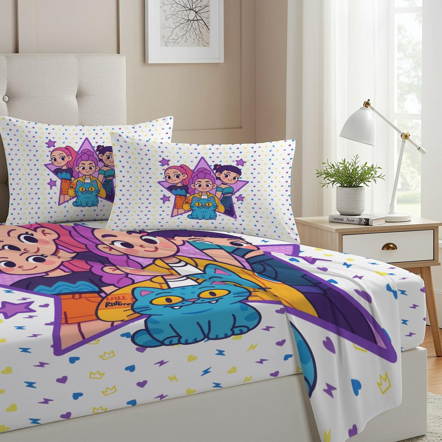 Allenjoy Cute Korean Anime Hunter Sheets Set with Fitted Sheet, Flat Sheet and 1 Pillowcase for Girls Teens Women Fans Daughter Bedding Bedroom Nursery Room Decor, Machine Washable Durable Twin Size