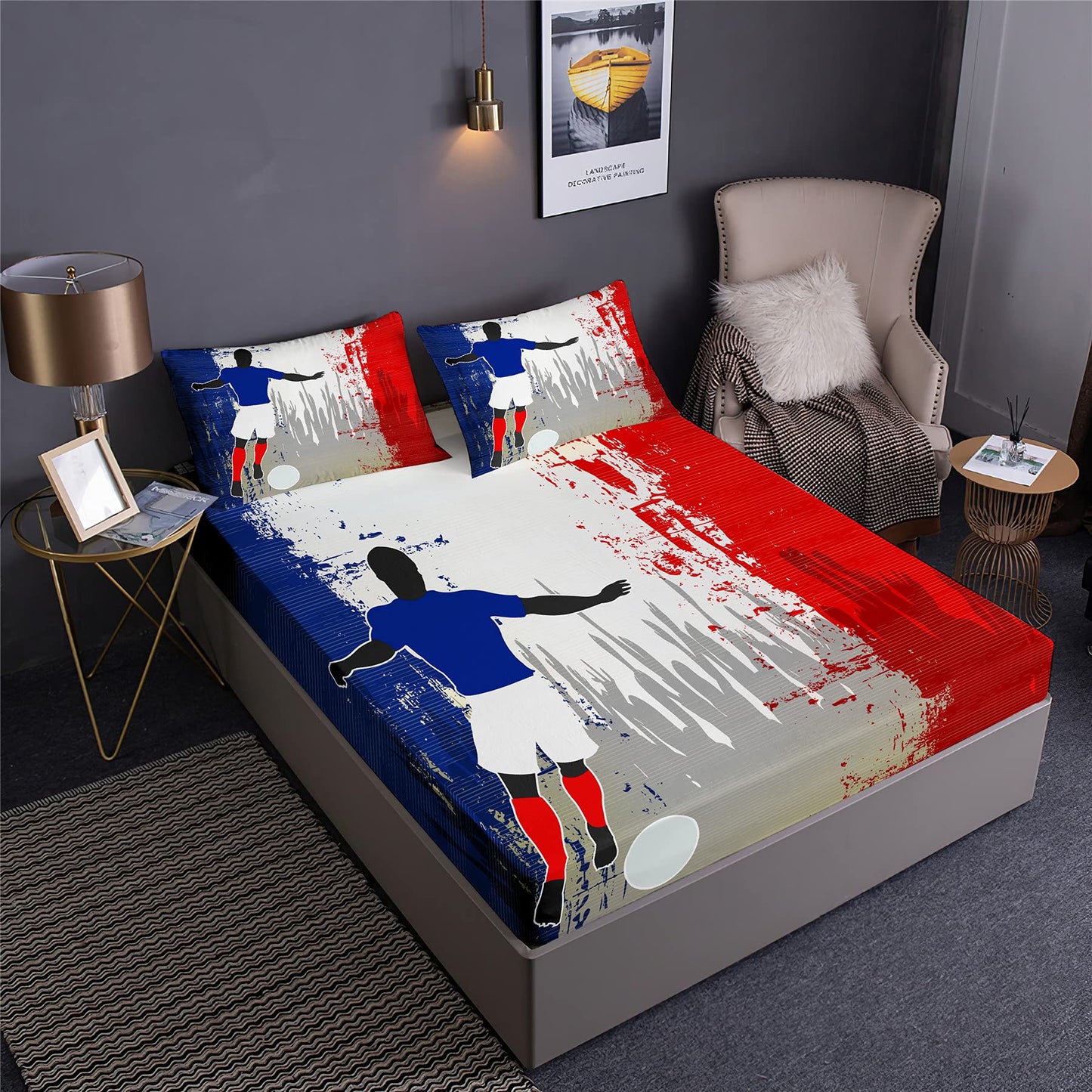 Boasorte France Soccer Design Fitted Sheet Set France National Football Team Prints Bedding Set | with Fitted Sheet and 2 Pillowshams(3pcs) or Comforter(4pcs) (D,Twin-3PCS)