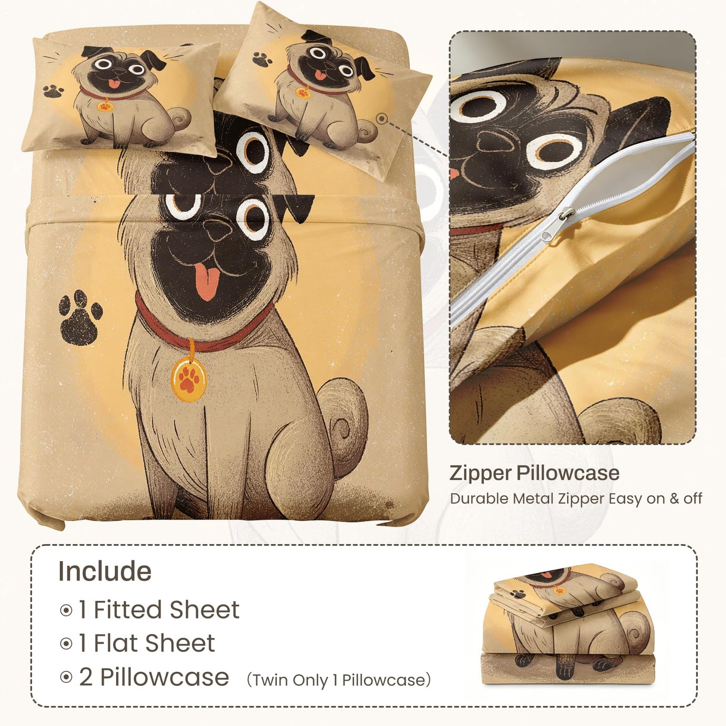 Pug Dog Sheet Set, 4 Pcs Queen Size Funny Puppy Bed Sheets, Beige