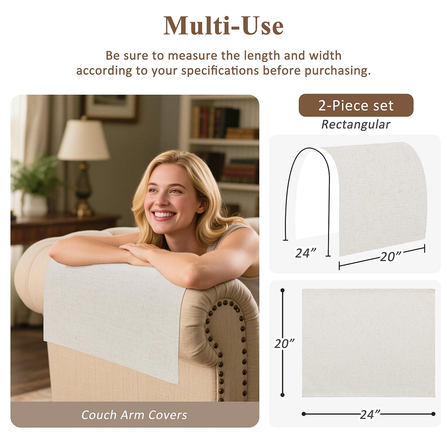 SPWIY Couch Arm Covers Linen Chair Arm Covers Stain Resistant & Anti-Scratch Furniture Protector for Sofa Recliner Armrest Cover for Pets, 2 Pcs, Cream, 20" W x 24" L