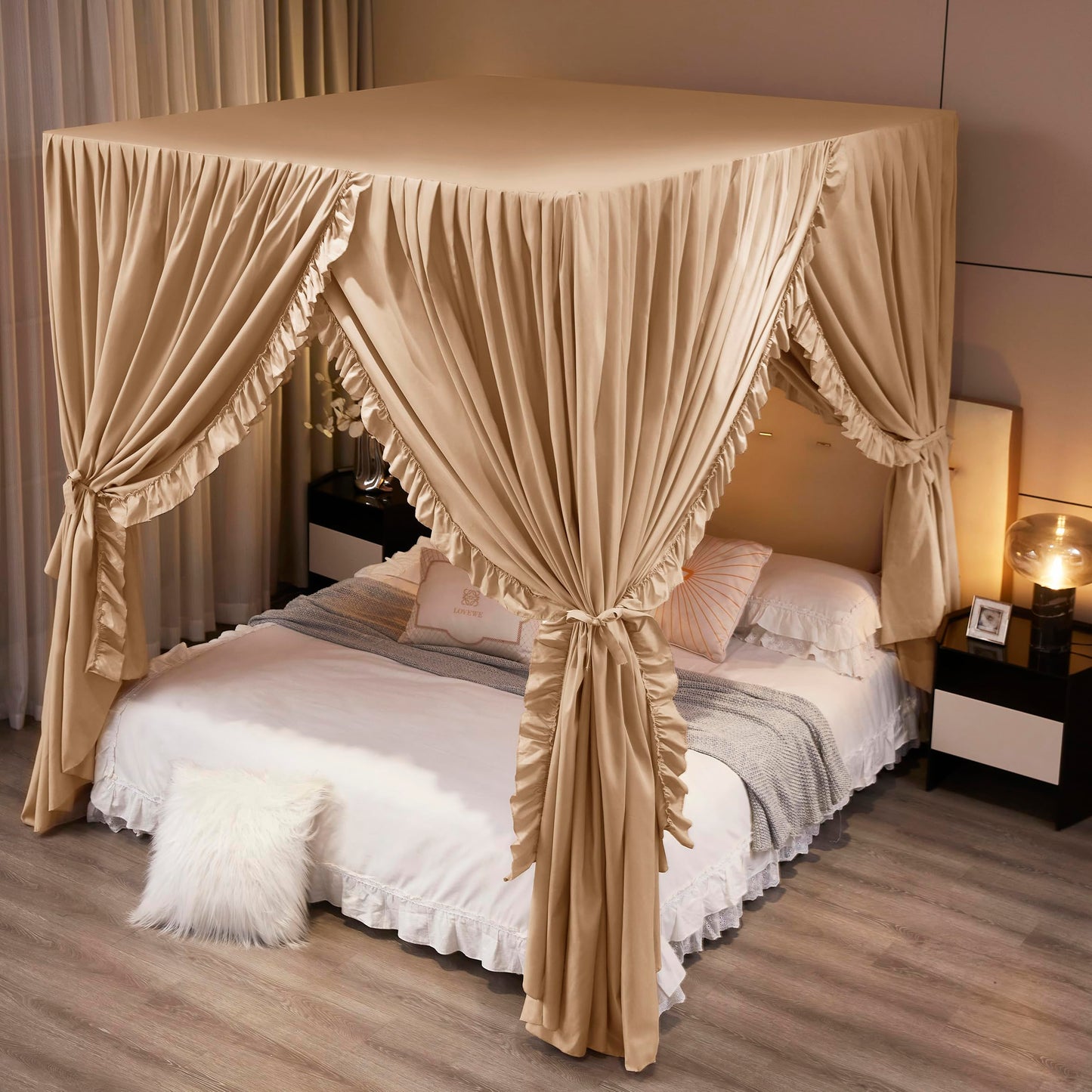 Mengersi Canopy Bed Curtains Queen Size,Royal Breathable Private Space-Elegant Bed Curtains Bedroom Decor for Adults,Champagne