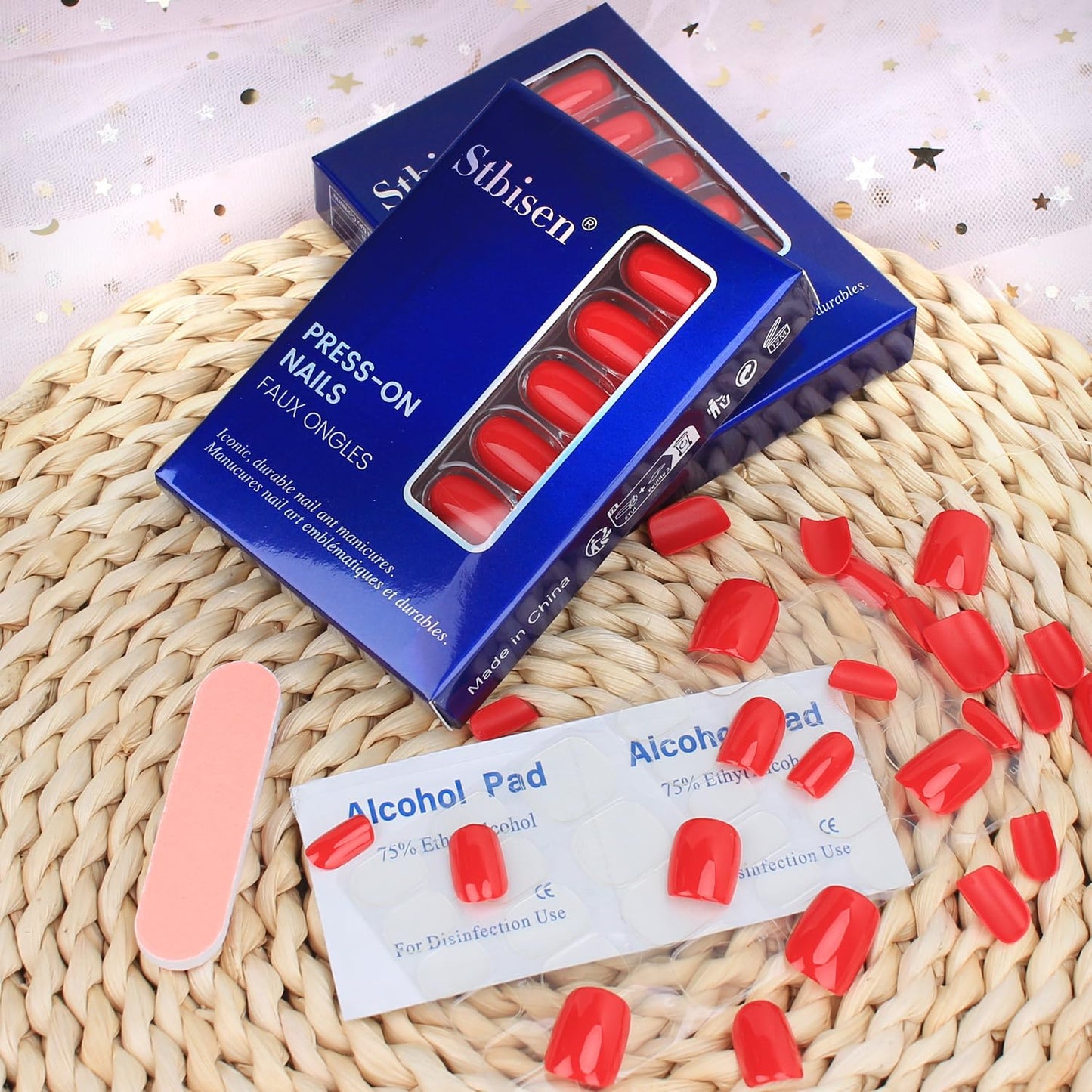 Stbisen Short Square Press On Nails, Glossy Solid Red Fake Nails, Classic Bright Red Full Cover Reusable Thick Natural Glue On Nails for Women, Suitable for Work, Daily Party Wedding Manicure, 30Pcs