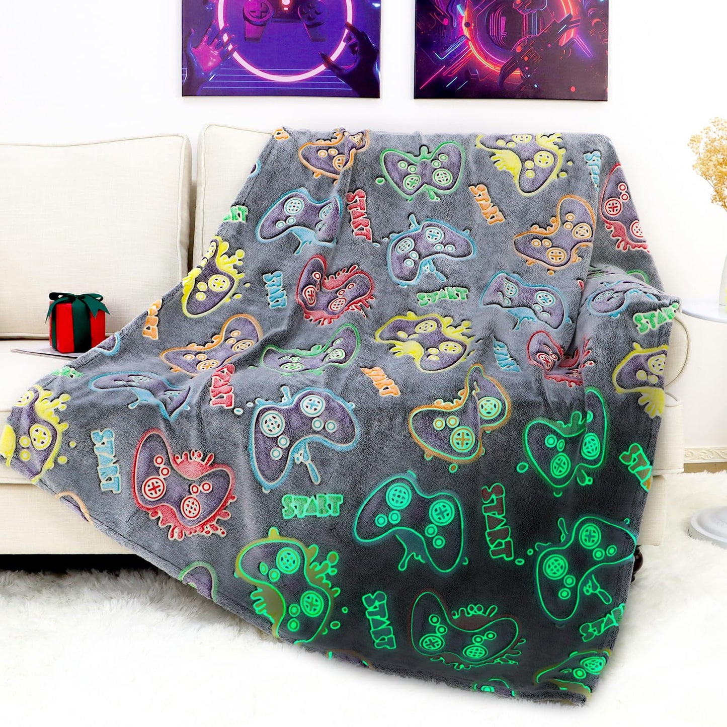 OHOIT Gamer Gifts for Teen Boys, Glow in The Dark Gaming Blanket for Kids, Graduation Gifts for 8 9 10 11 12 Year Old Boys, Game Room Decor for Men Son Boyfriend Birthday Christmas 50"x60"