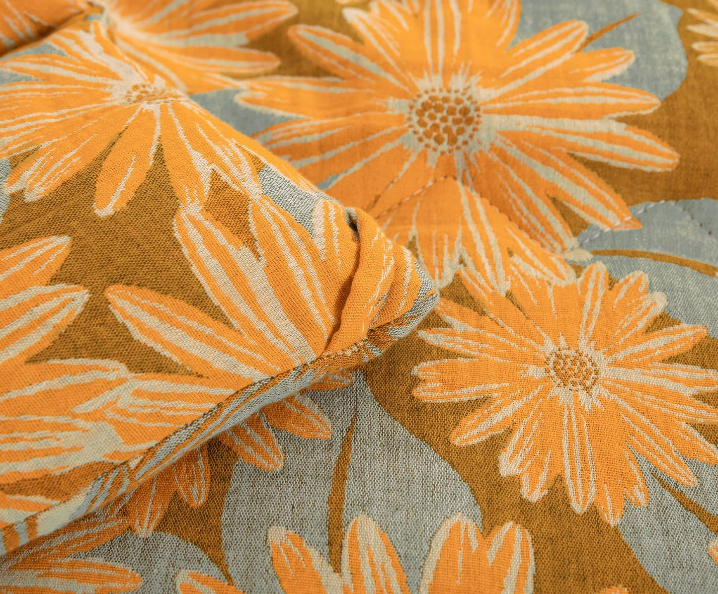 SLEEPBELLA Washed Double Layer Muslin 100% Cotton Comforter Set Queen Size, Yellow & Blue Sunflower Pattern Fluffy Thick Checked Bedding Set, Soft Breathable (1 Comforter, 2 Pillow Shams)