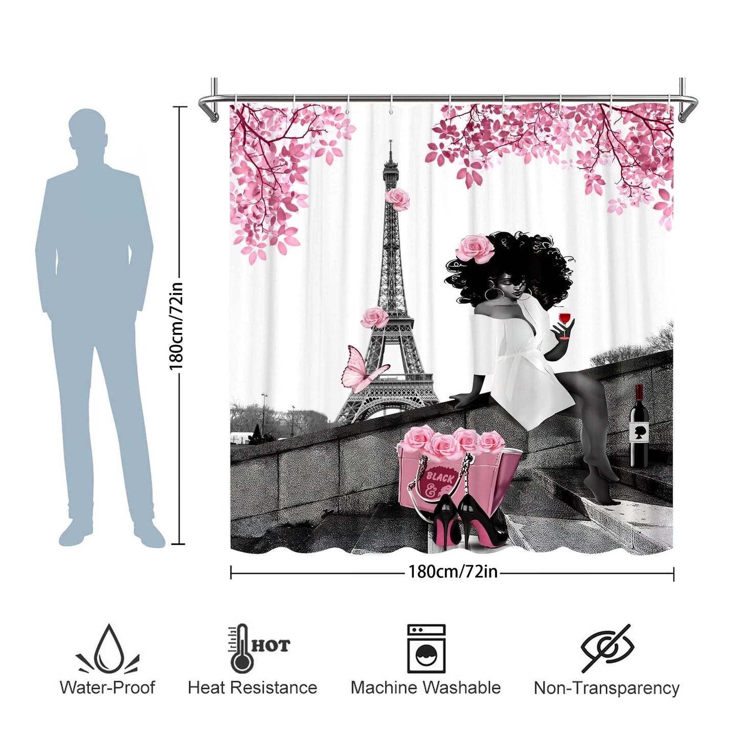 TYAKASHA Shower Curtain African American Woman Afro Lady withn Pink Rose Fashion Black Girl Eiffel Tower 72x72 Inches Waterproof Fabric Polyester with 12 Hooks for Bathroom Decor