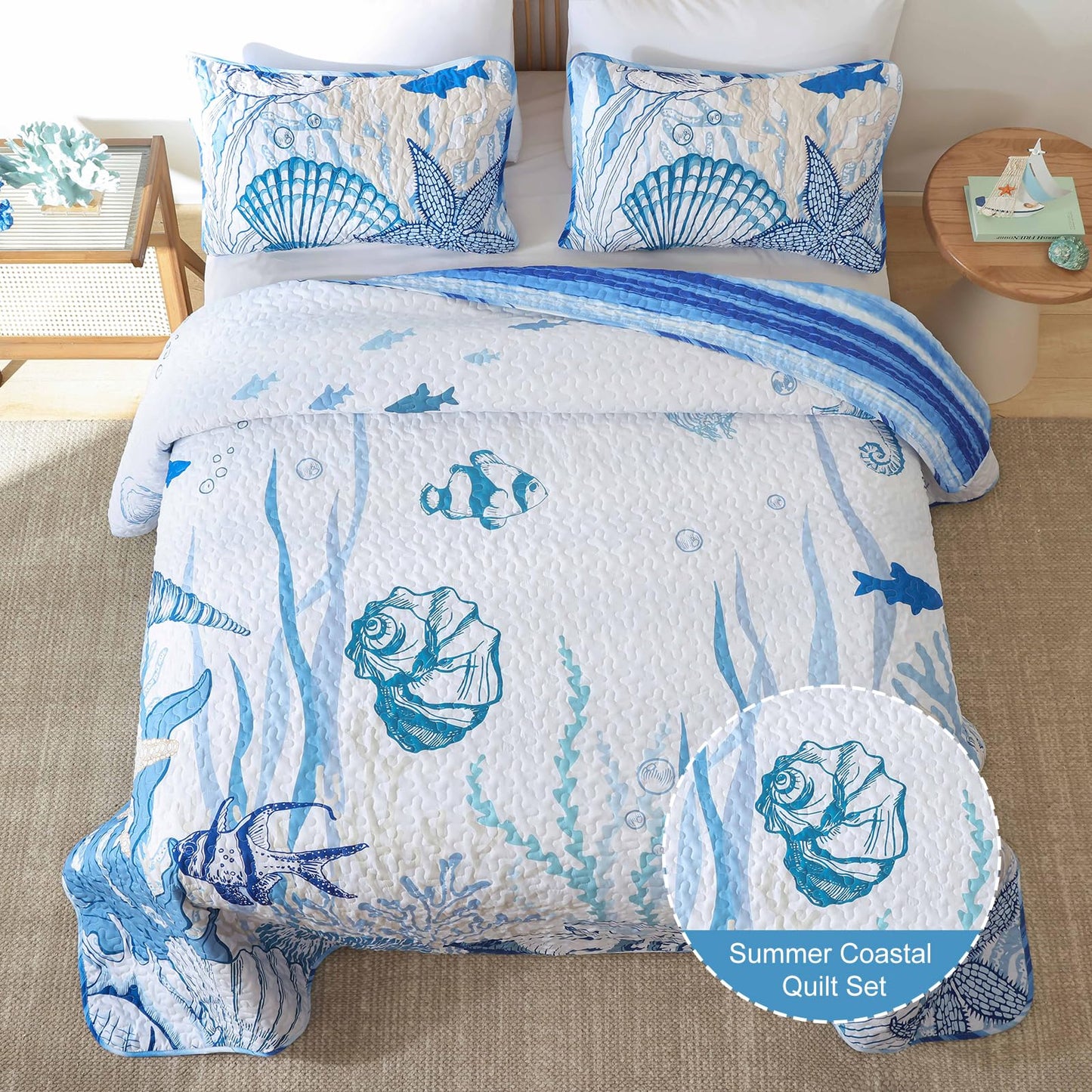 DJY Coastal King Size Quilt Set 3 Piece, Reversible Microfiber Ocean Quilt with 2 Shams Nautical Bedding Set Beach Bedspread Coverlet Summer Lightweight Comforter Set for All Season, 110"x90"