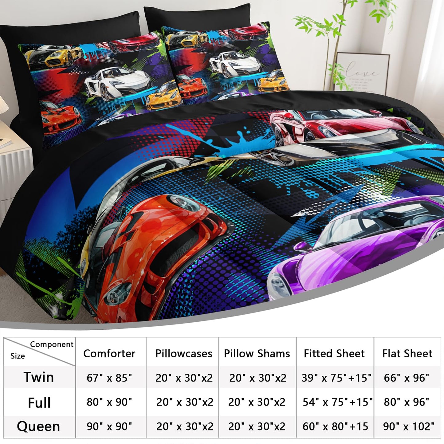 AILONEN 7-Piece Racing Car Comforter Sets Full Size,Extreme Sports Bedding Set Bed in a Bag for Kids Boys Teens,Cool Speed Race Comforter & Fitted Sheet with Flat Sheet & 2 Pillowcases,2 Pillow Shams