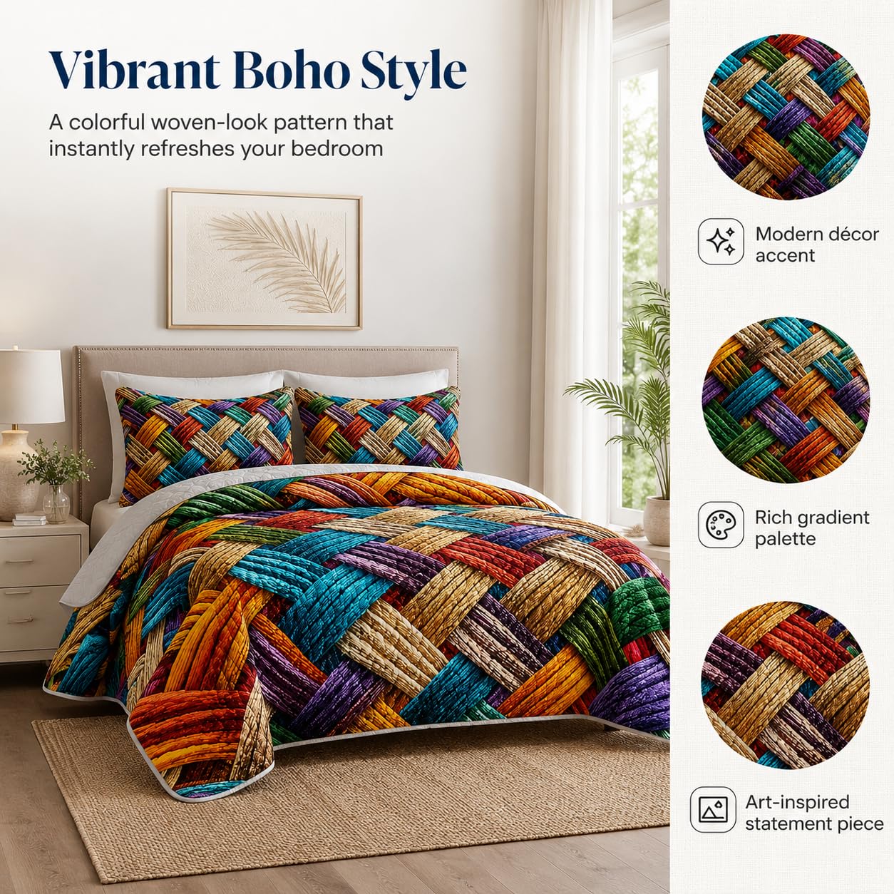 AILONEN 3-Piece Colorful Soft Quilt Set King Size, Gradient Abstract Art Boho Quilted Bedspread Coverlet,All Season Quilt,2 Pillowcases