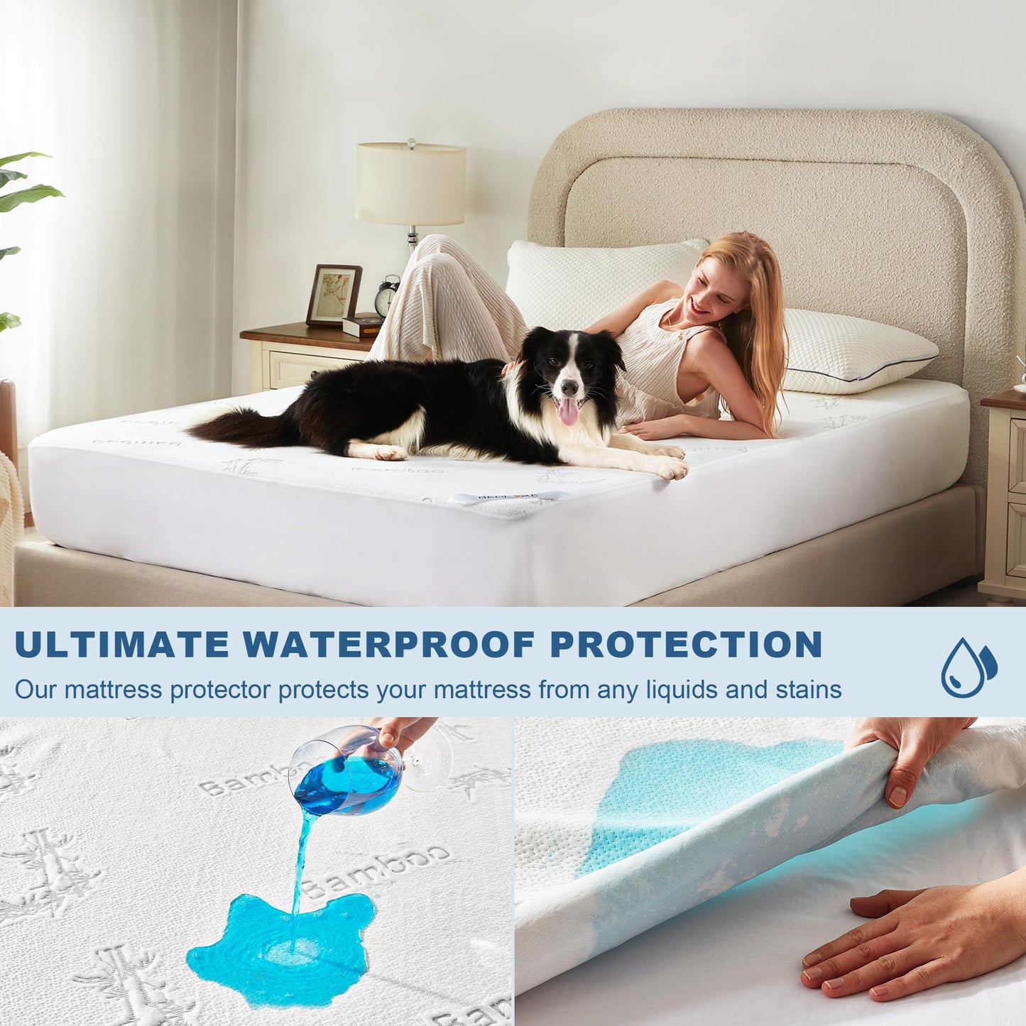 BEDLORE Full Size Waterproof Mattress Protector Viscose Derived from Bamboo, Soft Mattress Cover Fitted with Deep Pocket 6"-15", Breathable Noiseless Mattress Pad, Machine Washable(White)