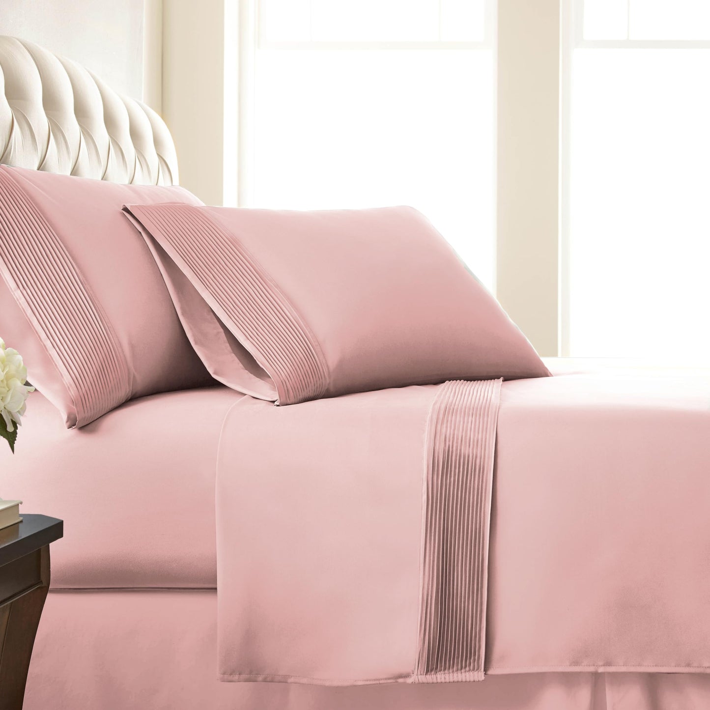 Southshore Fine Living, Inc. Queen Size Sheet Set, 4-Piece, 21" Extra Deep Pocket Pleated Sheets, Queen Size | Flat Sheet, Fitted Sheet, 2 Queen Pillowcases | Soft Microfiber Bedsheets | Pink