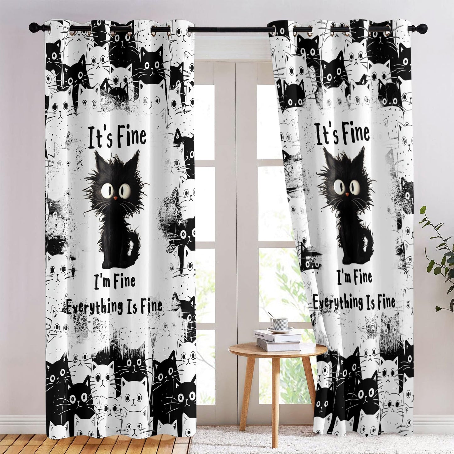 SIOQCKIS Cute Cat Curtains for Bedroom, Funny Black Cats Curtains for Windows, It's Fine Cat Kitchen Curtain Kitten, 52 x 84 Inch Long 2 Panels Gifts for Cats Lovers Window Decor Bathroom