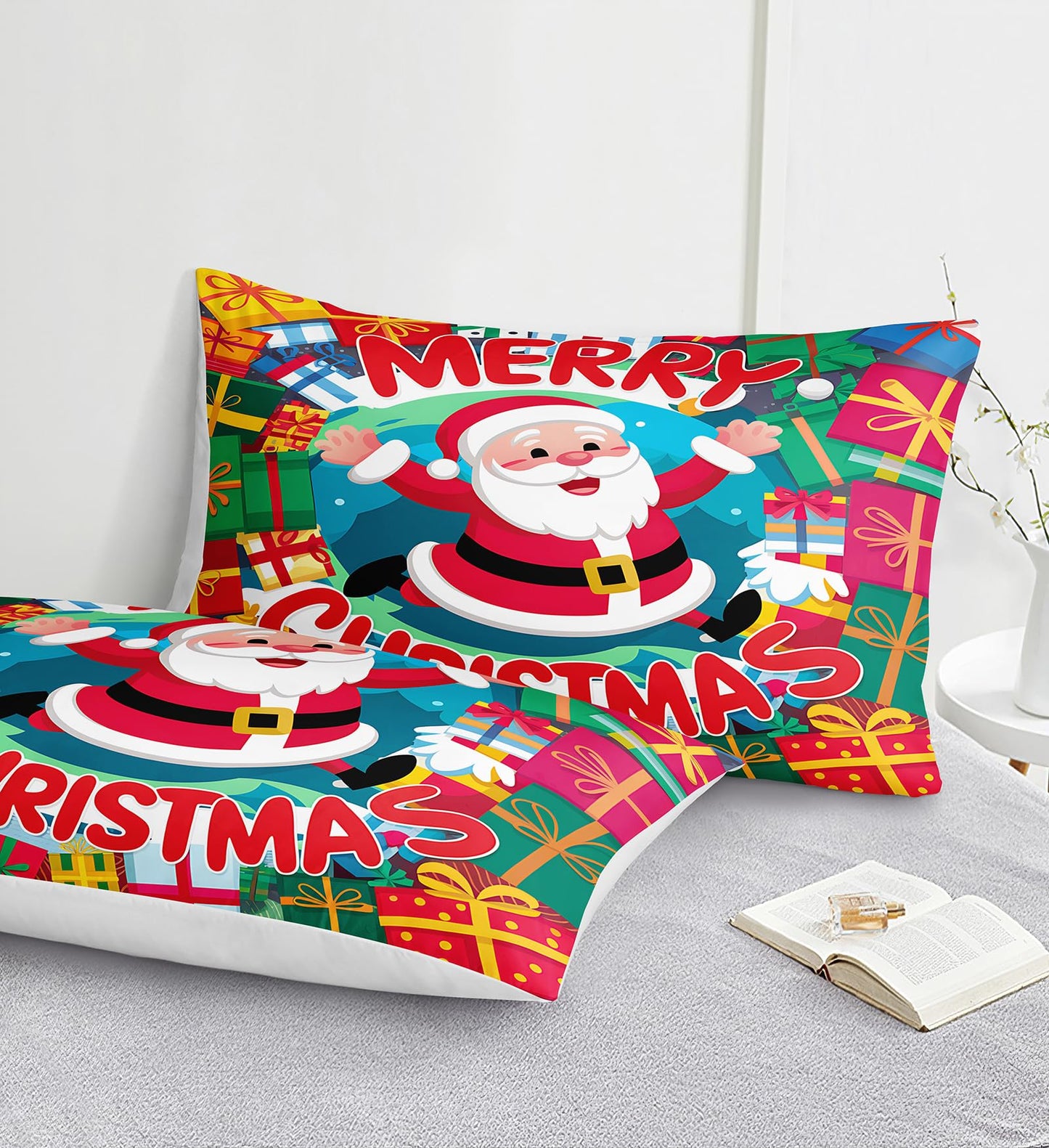 Bedding_Dreamer Santa Claus Comforter Queen Red Bed in a Bag 8 Pcs Christmas Bedding Merry Christmas Snowflake Home Decor with 1 Cushion Cover Soft and Lightweight
