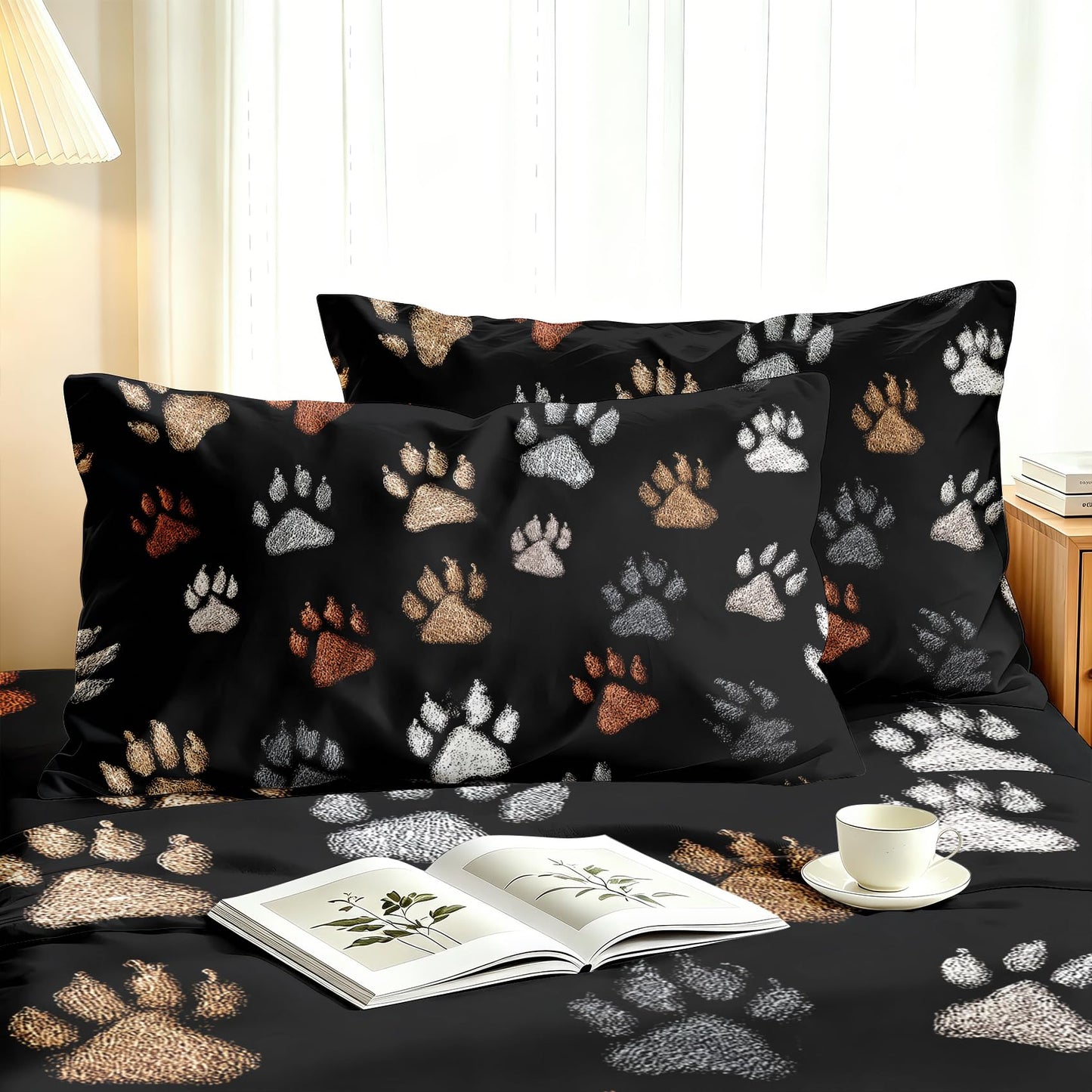 Cat Paw Print King Sheet Set 4 Pcs Dog Paw Bed Sheets, Black