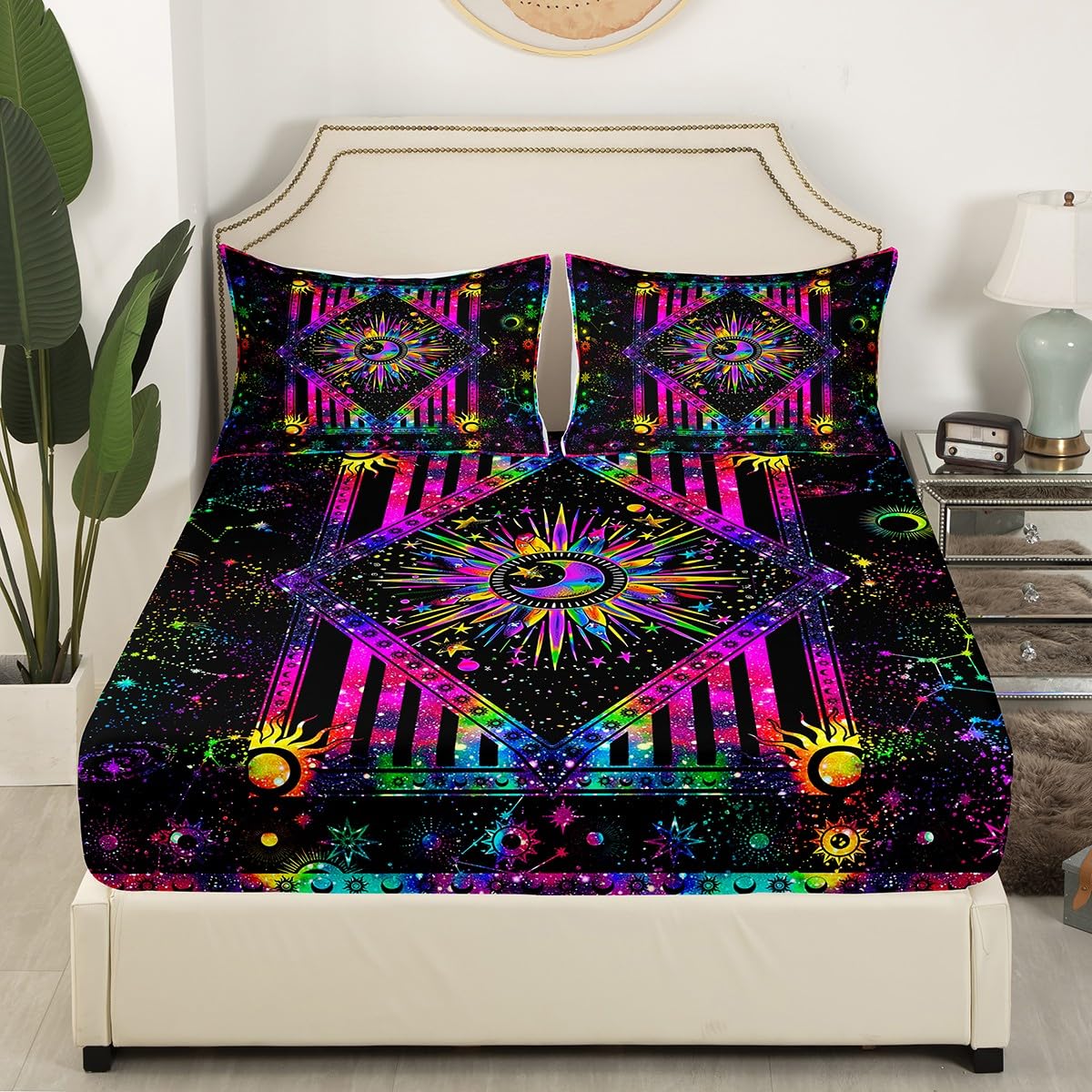 Sun and Moon Sheet Set, Rainbow Tie Dye Bed Sheets Psychedelic Hippie Trippy Galaxy Bedding Aesthetic Celestial Astrology Flat Sheet Cosmic Constellation Zodiac Fitted Sheet, Black Bedroom Decor 4Pcs