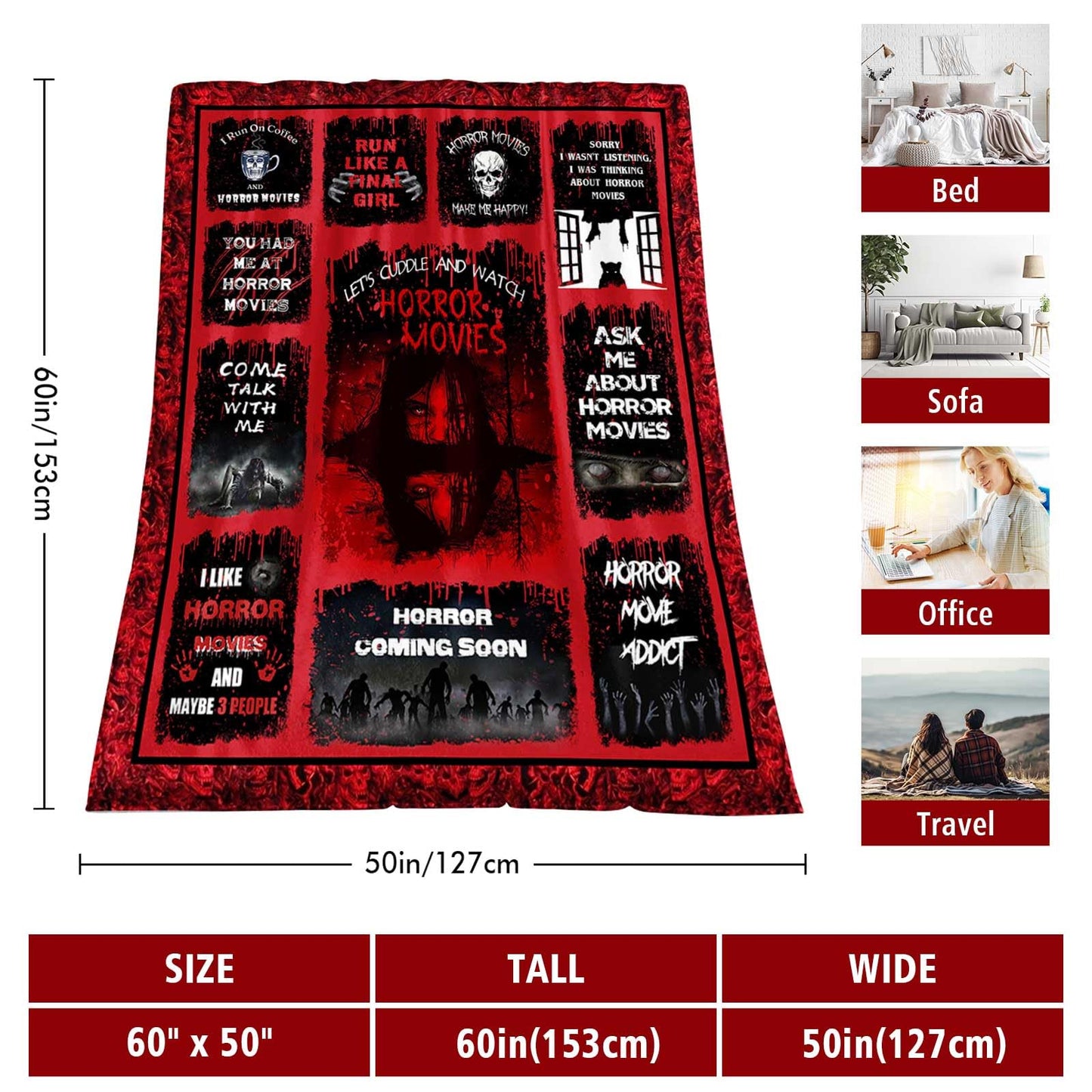 Whasnrt Horror Movie Gift Blanket 60"X50", Halloween Throw
