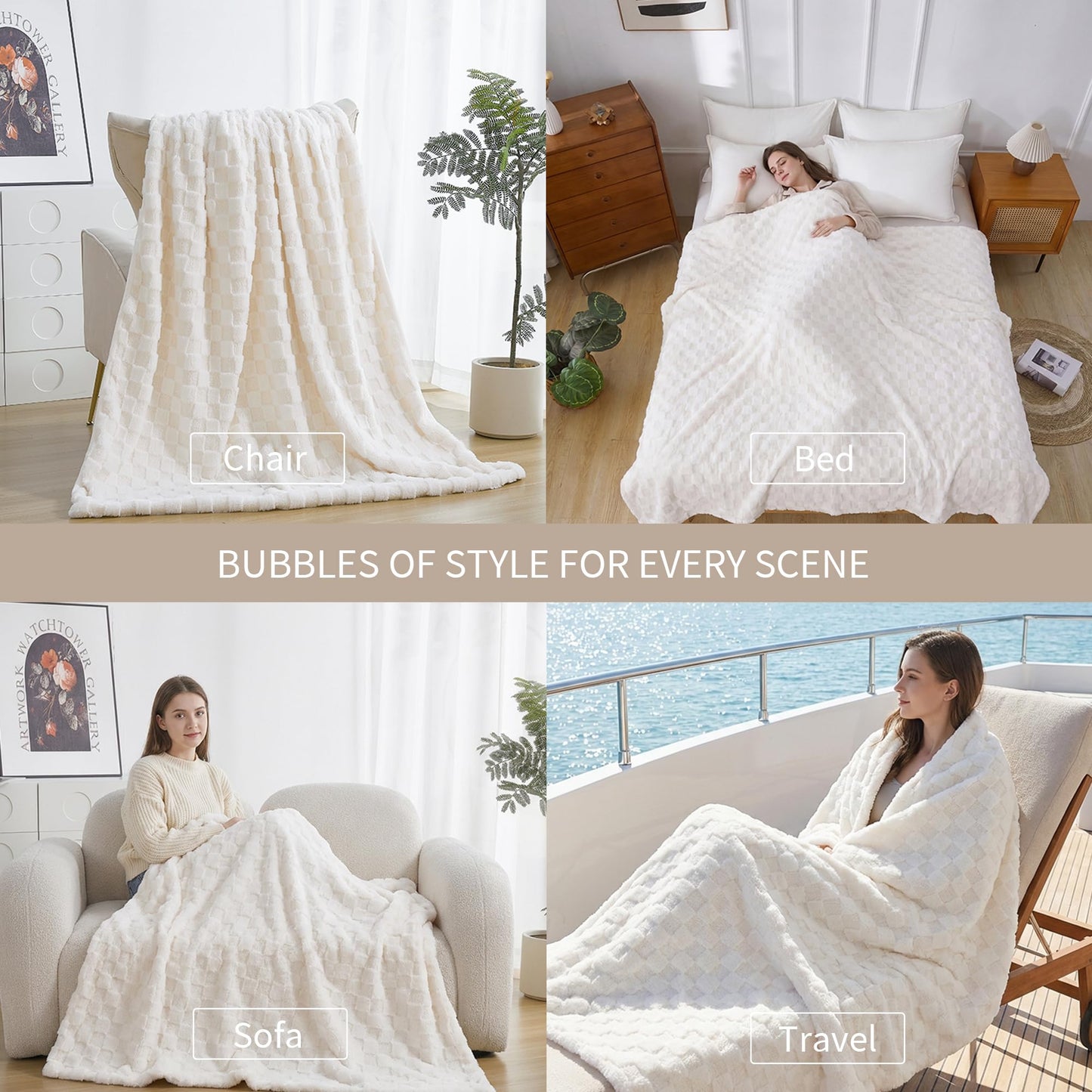 Luxury 3D Square Grid Faux Fur Throw Blanket – Reversible Soft Teddy Velvet & Flannel – Thick Warm Fuzzy Plush Blankets for Couch, Bed & Sofa – Machine Washable Gift for Women Throw 50x60 inches
