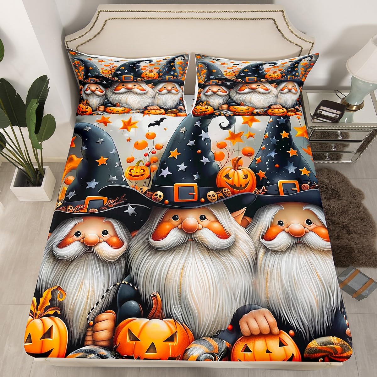 Halloween Gnome Fitted Sheet 3 Pcs,3D Watercolor Pumpinks Candy Soft Microfiber Sheets Breathable Bedding,Cute Witch Hat with Stars Pattern Bedsheet with Deep Pocket