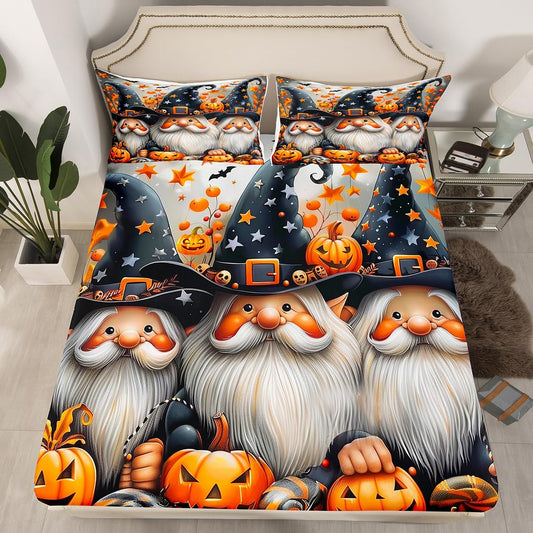 Halloween Gnome Fitted Sheet 3 Pcs,3D Watercolor Pumpinks Candy Soft Microfiber Sheets Breathable Bedding,Cute Witch Hat with Stars Pattern Bedsheet with Deep Pocket