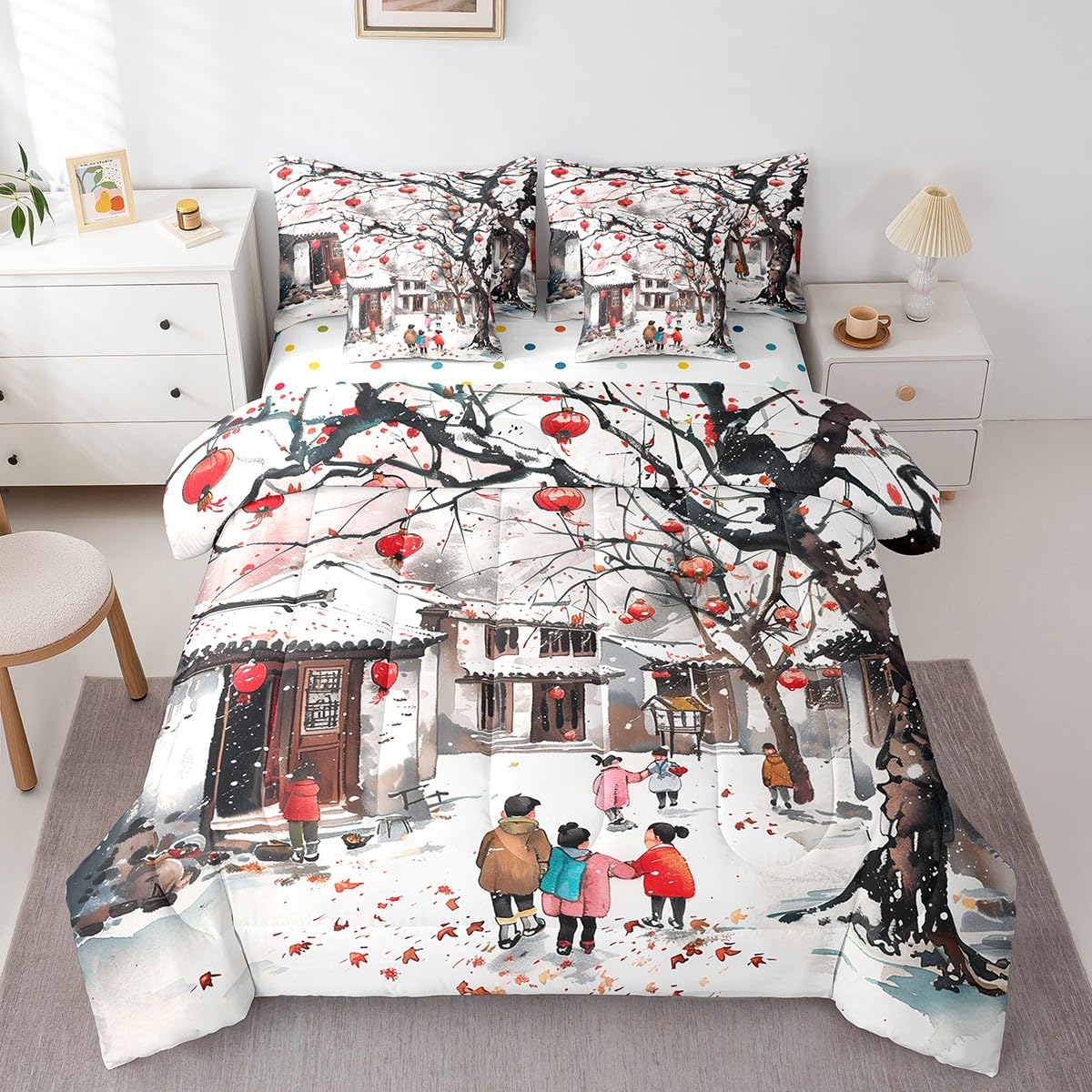 Erosebridal Festival Lantern Bedding Set King Size, Winter Trees Buildings Comforter Set, Chinese Style Kids Teens (Comforter+Fitted+Flat Sheet+2 Pillowcases+2 Throw Pillow Covers) 7 Pieces Bed Set