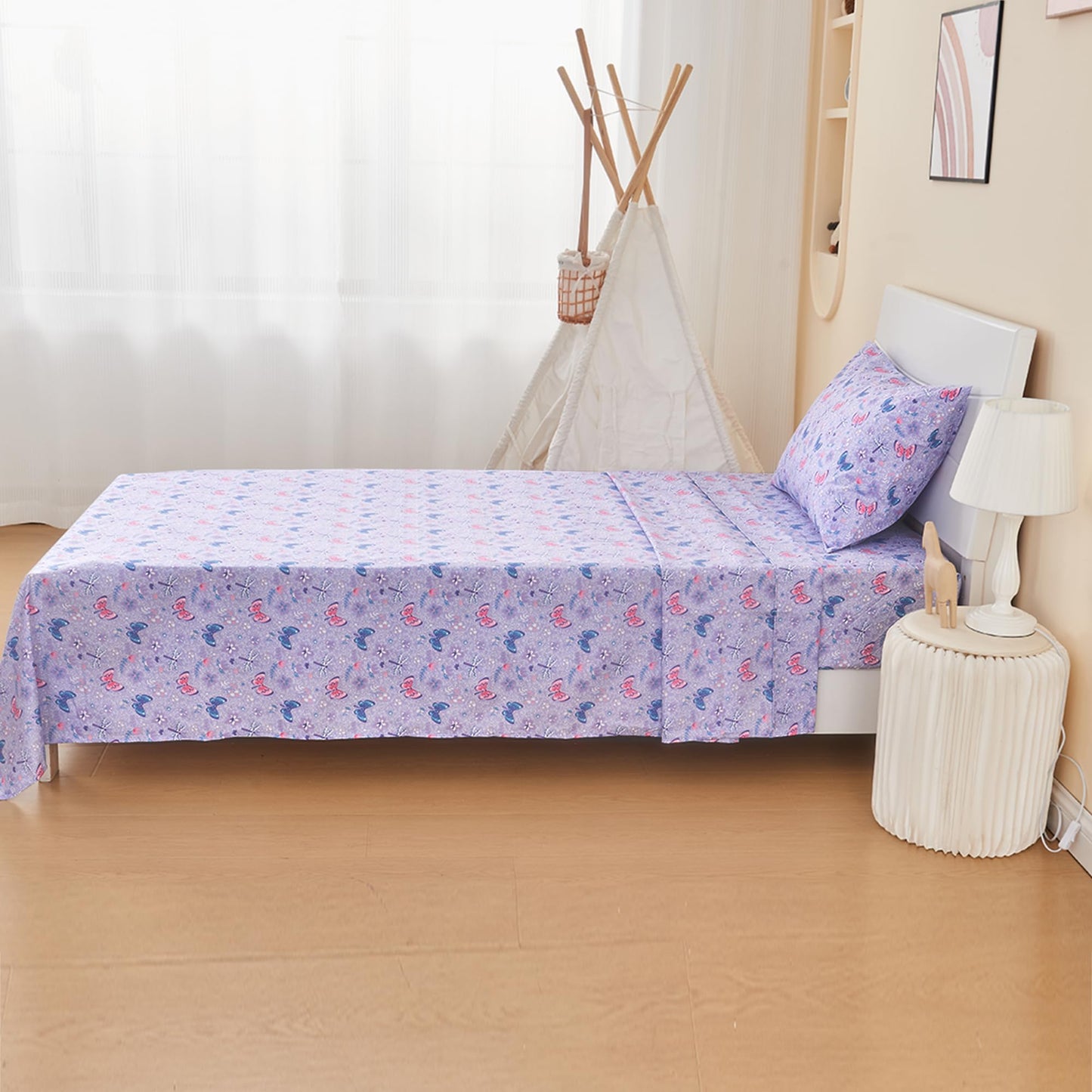 lasoftan Kids Sheet Set Twin Size 3 Pcs, Girls Sheet Set with Floral Butterfly Pattern，Kids Twin Fitted Sheet，Breathable & Silky Soft Microfiber Fitted Sheet